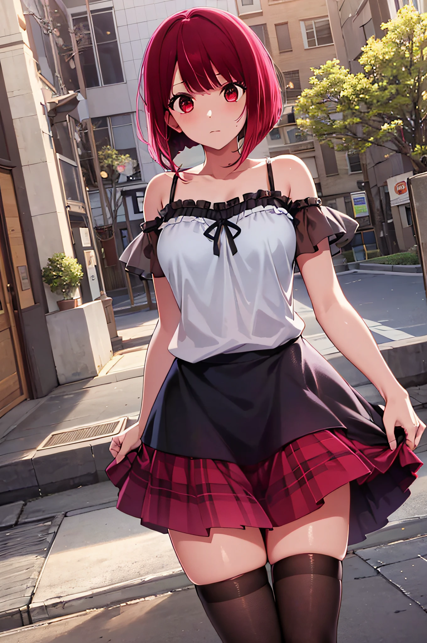 masutepiece, Best Quality, High resolution, Ultra High Resolution, depth of fields,1girl in, Red Eyes, Red hair, Bob Hair, (camisole), (Miniskirts), NSFW, (((pantyshot))), (((Skirt lift))), Cameltoe