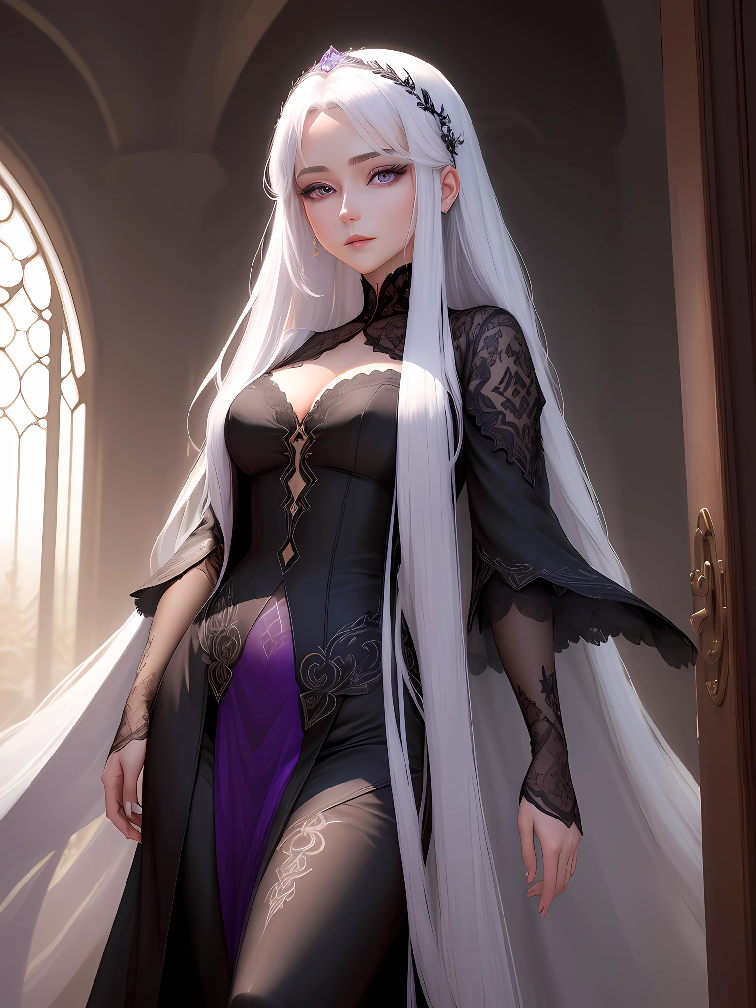 8k, masterpiece, full body, In the realm of anime, let me introduce you to a captivating female character that embodies an air of mystery. Picture her in your mind's eye: a striking figure draped in dark-colored attire, her presence commanding attention. With each step she takes, the atmosphere seems to be tinged with an enigmatic aura.
Her most striking feature lies in her piercing purple eyes. They are like two shimmering amethysts, gazing into the depths of one's soul, leaving an indelible impression. They hold a sense of wisdom and intensity, hinting at the secrets she may possess.
Cascading down her back, her long, flowing hair is a pristine shade of white, contrasting beautifully against her dark attire. It flows like a waterfall, its silky strands seeming to possess an otherworldly glow. As she moves, her hair trails behind her, adding a touch of elegance to her every gesture.
The choice of her clothing aligns with her enigmatic nature. She prefers dark colors, perhaps donning a sleek, form-fitting dress or a flowing cloak that billows gently in the wind. The fabric is of the highest quality, exuding an air of sophistication and refinement. The intricate details of her attire, such as delicate lace or elegant patterns, hint at her attention to aesthetics.
As she stands against a dark background, perhaps in a moonlit night or a dimly lit room, the contrast intensifies the allure of her character. The shadows seem to embrace her, enhancing the air of mystery that surrounds her. It's as if she exists on the boundaries of light and darkness, effortlessly navigating both realms.
In the world of anime, this female character captivates viewers with her dark-colored attire, mesmerizing purple eyes, long white hair, and the mysterious ambiance that surrounds her. She is a complex enigma, a figure that leaves an indelible mark on the imagination of those who encounter her.
