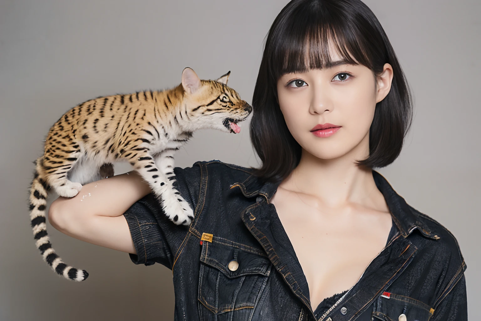 (Black Shorthair:1.2),  (a 20 yo woman), (A hyper-realistic), (Masterpiece), (8KUHD), Looking at the camera, jeans, (Clothing with animal print), large full breasts, hairaccessories