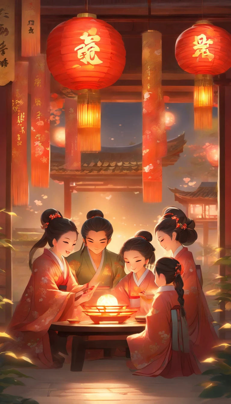 The family sat together in Hanfu（daddy，mother with big breasts，grampa，Grandmother，Children）, Enjoy a festive dinner, Surrounded by a warm and comfortable atmosphere. The room was beautifully decorated，Equipped with lanterns, Symbolizes the joy of the Mid-Autumn Festival. The table is filled with a variety of delicacies, Includes traditional mooncakes. Moonlight shone through the windows, Cast a soft glow on everyone's face. The family laughed and chatted, Express their love and happiness on this special occasion. The artwork is created with the finest materials, Such as oil painting or high-resolution digital rendering, Ensure the highest quality and detail. The colors are vivid and vibrant, Create visually stunning representations for holiday celebrations. Well-designed lighting, Focus on capturing the warm and tranquil atmosphere of the evening. The artwork is a masterpiece, With ultra-fine elements and realism, Photorealistic style. The moon in the night sky is depicted as a perfect circle, Represents the full moon of the Mid-Autumn Festival. The scene was full of fun, Love, and togetherness, Capture the essence of the festival.You can see the round moon hanging high
