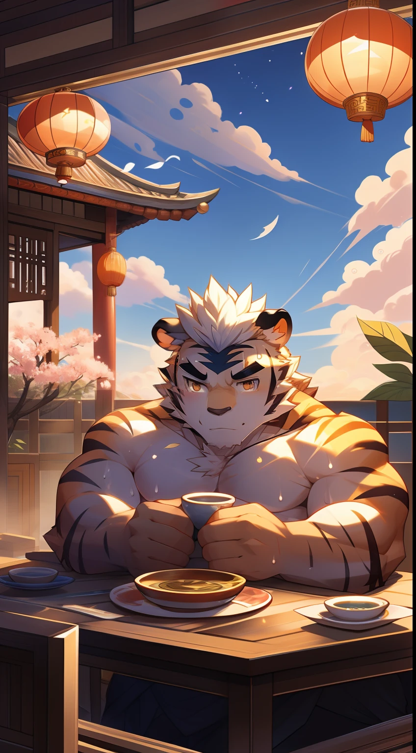 tmasterpiece,the night,anthropomorphic tiger,male people,26 year old,thick bushy eyebrows,Orange-yellow fur,Strong body,large pecs,Bare topless,Pink milk clusters,white fundoshi,medium bulge,Sit at the table,Drinking tea,A plate of mooncakes,A cup of green tea,sweat leggs,Mysterious Expression,Be red in the face,Look at the sky,Golden pupils,Strong,Solo,Half sideways,A huge full moon in the sky,Auspicious clouds,green plant,blossoms,Chinese classical courtyard,paper lanterns,Red candles