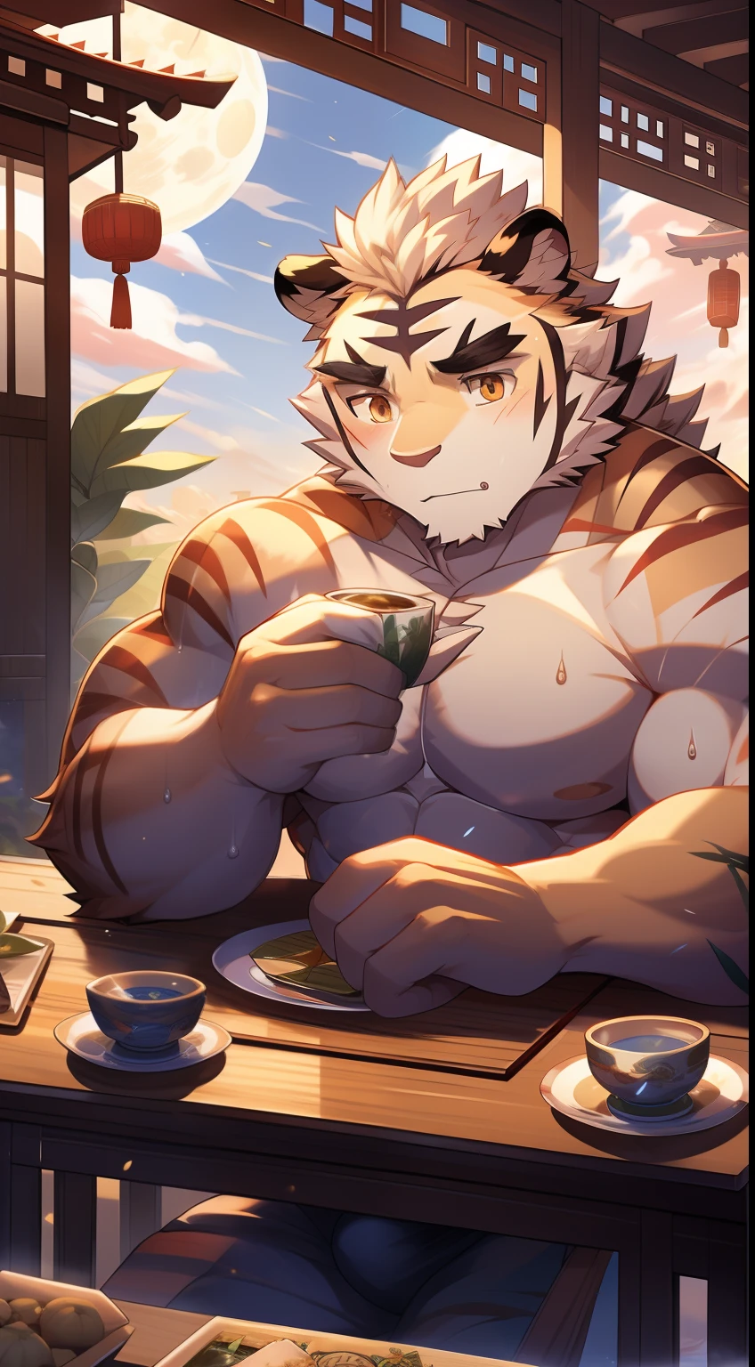 tmasterpiece,the night,anthropomorphic tiger,male people,26 year old,thick bushy eyebrows,Orange-yellow fur,Strong body,large pecs,Bare topless,Pink milk clusters,white fundoshi,medium bulge,Sit at the table,Drinking tea,A plate of mooncakes,A cup of green tea,sweat leggs,Mysterious Expression,Be red in the face,Look at the sky,Golden pupils,Strong,Solo,Half sideways,A huge full moon in the sky,Auspicious clouds,green plant,blossoms,Chinese classical courtyard,paper lanterns,Red candles