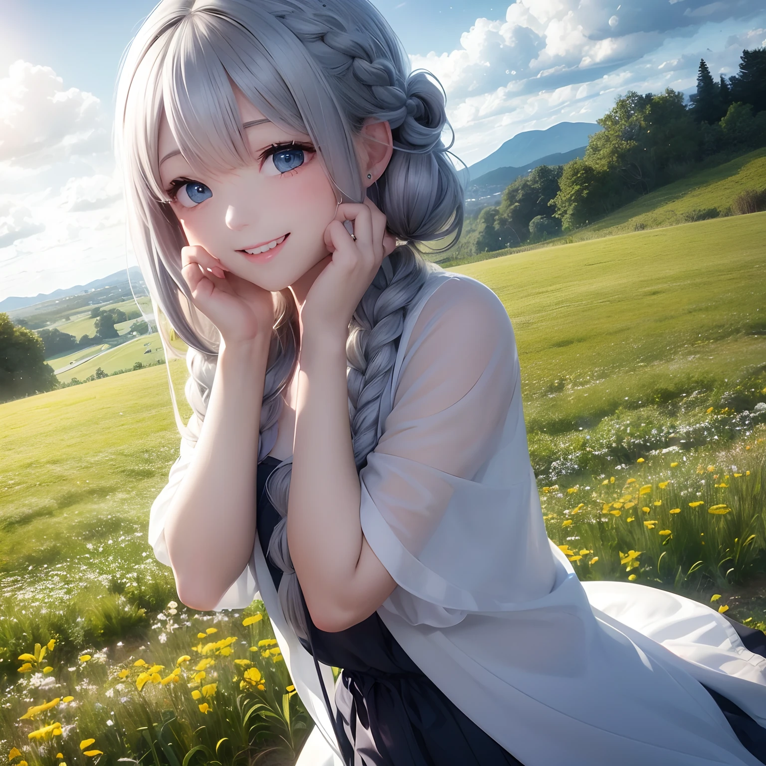 finest image, cute girl, laugh, happy, shy, light silver glossy updo braided iridescent hair style, background meadow on the hill, clear skies, sun and sunlight, rain and raindrops, professional lighting