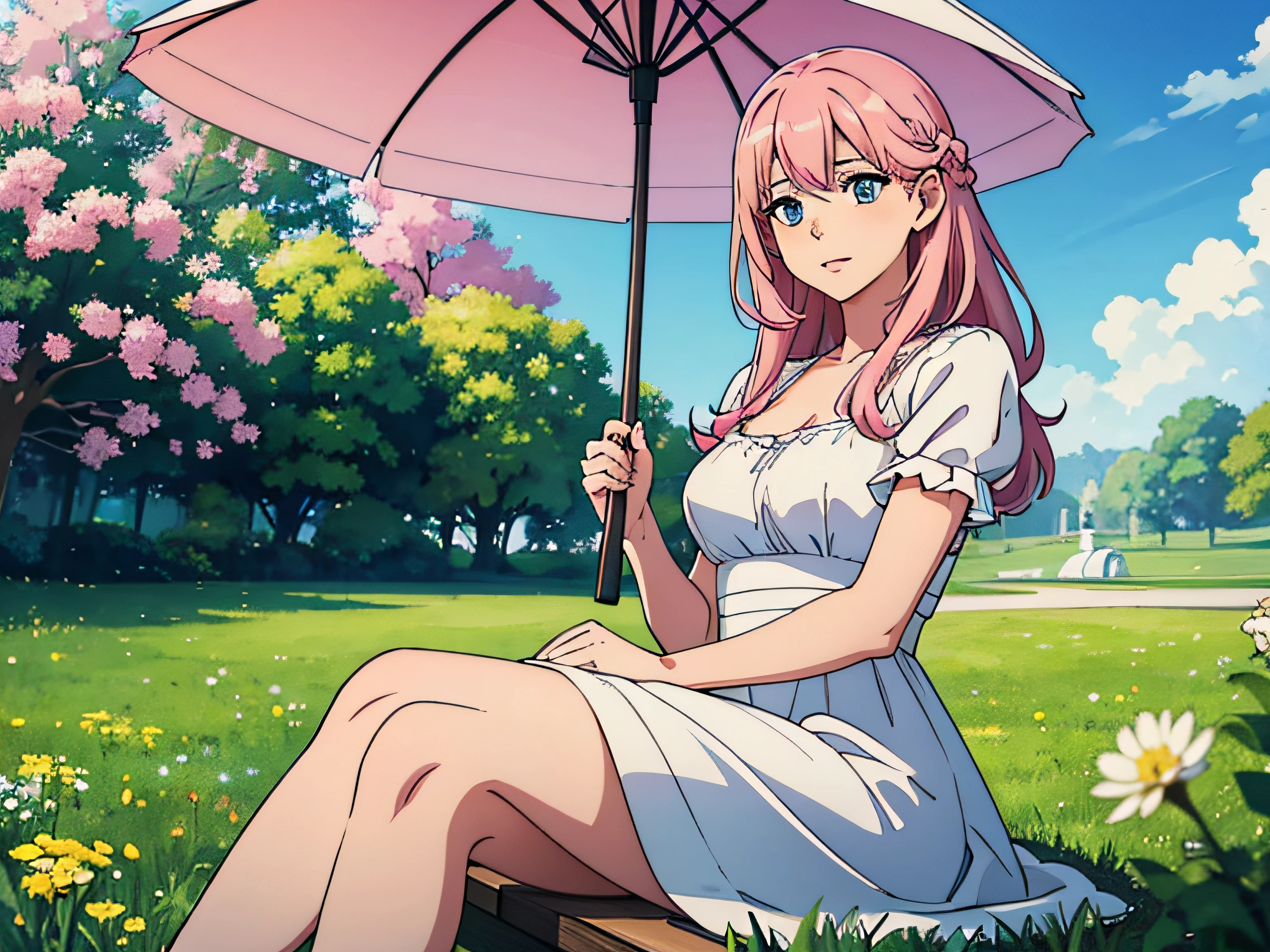 1anime girl sitting in nature at a white table under an umbrella and drinking tea, Beautiful girl in close plan, Average Breasts, pink hair, Tender Scene, Depth of field, Beautiful trees and flowers in the background, super detaill, detailized face, Detailed hands, Beautiful dress on a girl, super quality, tmasterpiece, blue sky with clouds, Realistic light, rassejanjy world, Flying dandelions in the background