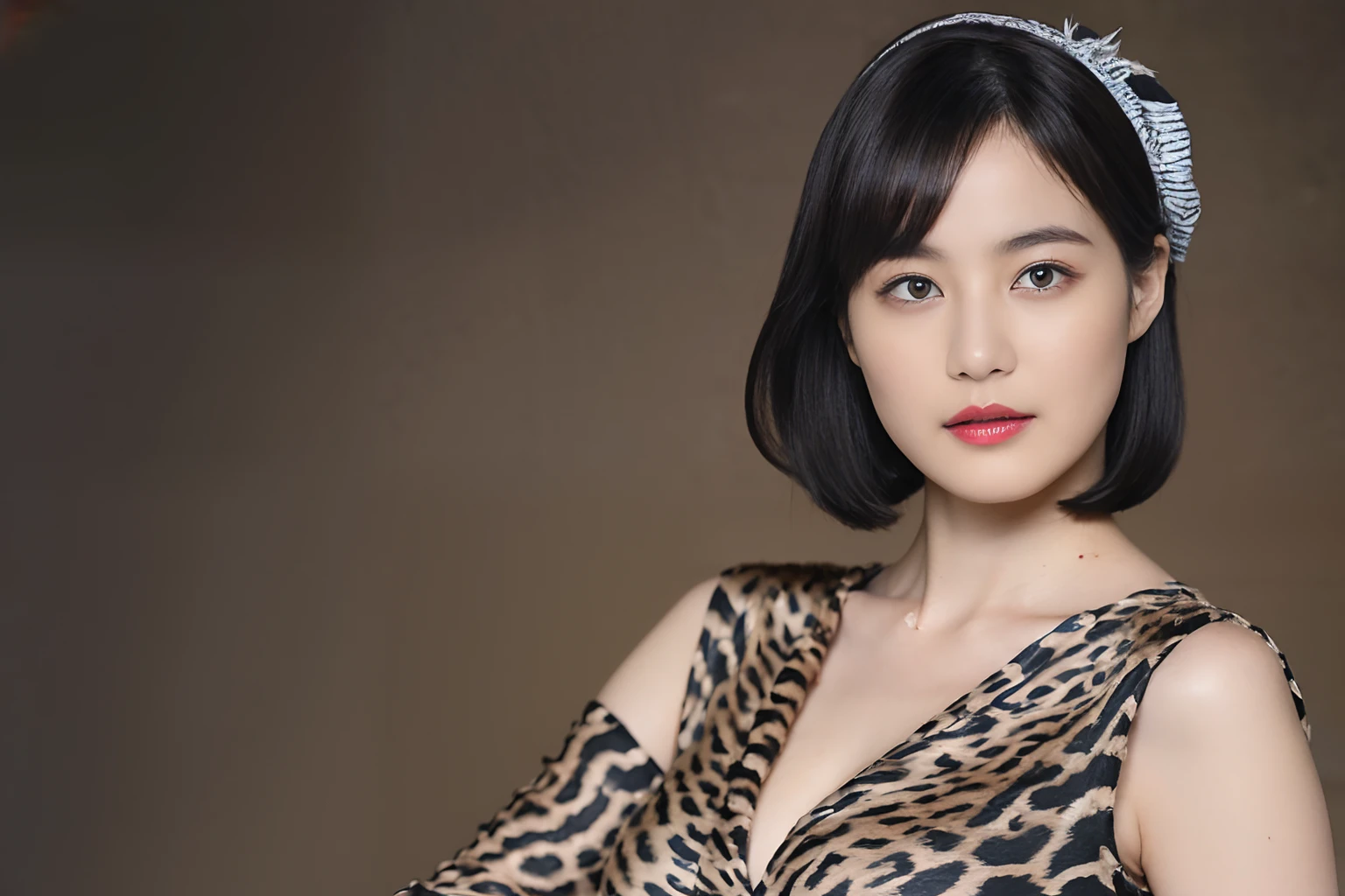 (Black Shorthair:1.2), (a 20 yo woman), (A hyper-realistic), (Masterpiece), (8KUHD), Looking at the camera, jeans, (Clothing with animal print), large full breasts, hairaccessories