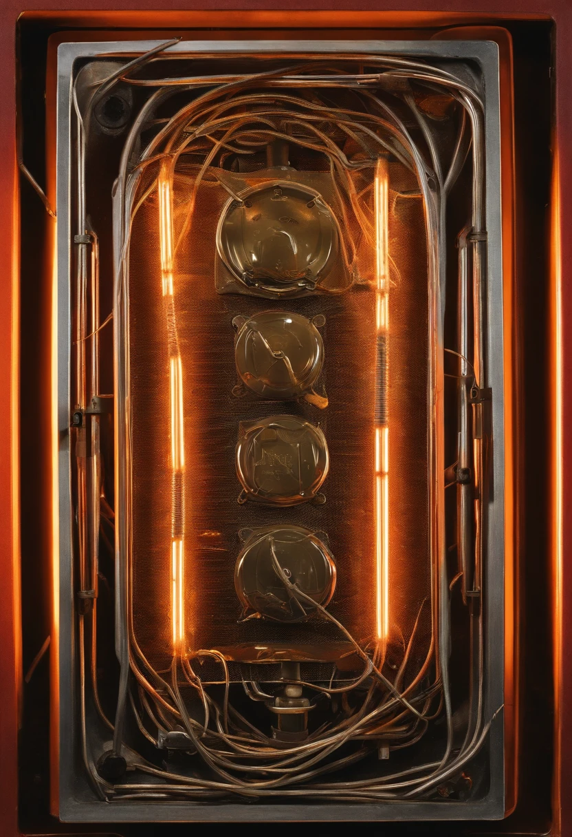 A close-up of a German engineer holding a metal heating plate with wires attached, heated coils, Bottom view, acrylic pour, bottom - view, bottom angles, uv, glowing heating coils, down view, SBT, Medium full shot, LED, GRAPHITE, full - view, 7 7 7 7, denning, author:Joe Bowler, title, 2 k, 2K