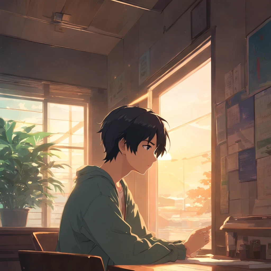 Masterpiece, Best quality, cinematic Film still from, 1 adolescent male, frontage, Black hair, room interior,The background of the details, Bright, Dark and eerie environment,A ray of light