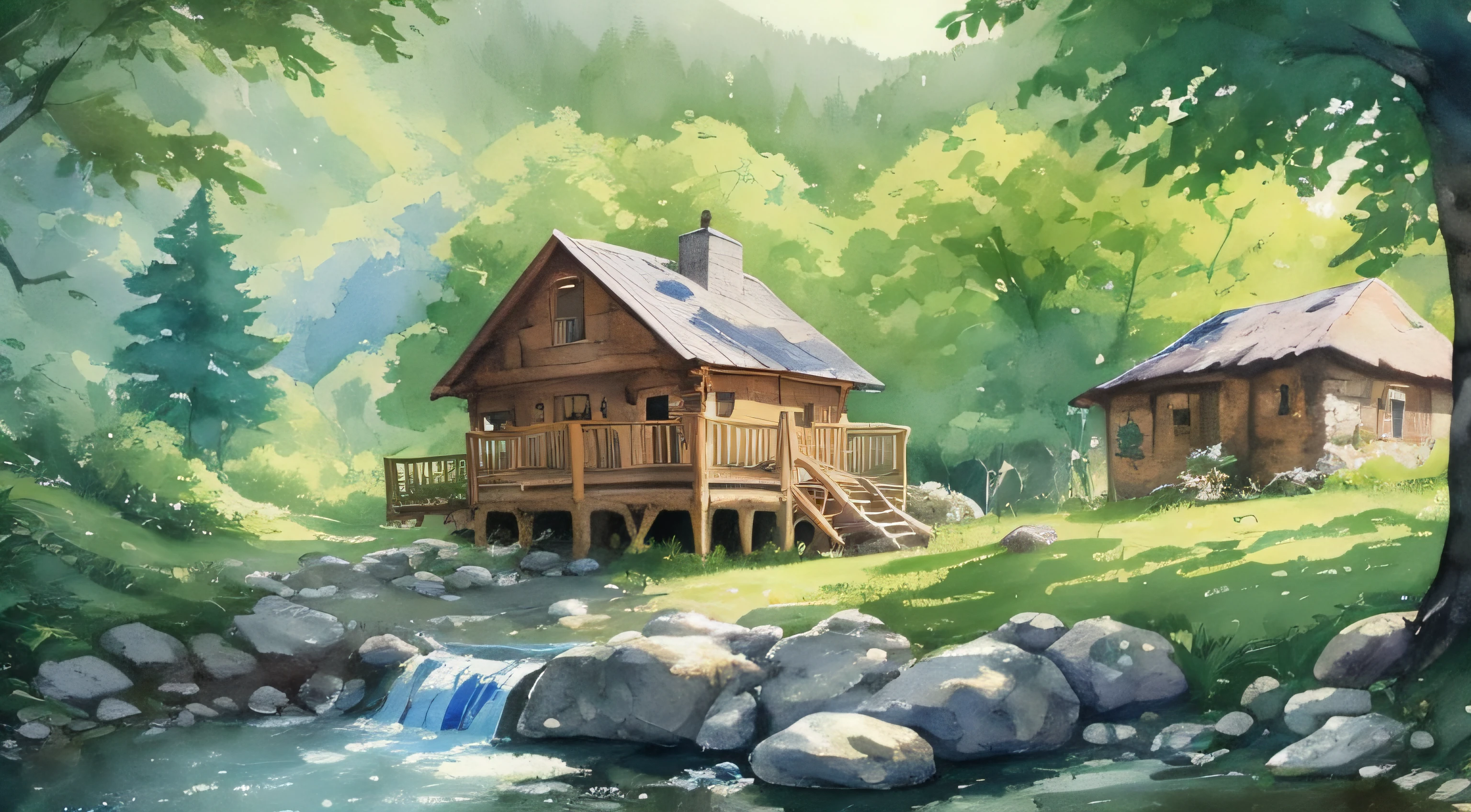 painting of a cabin under the big tree, stream with a waterfall, children play around cabin,  4 k watercolor painting, beautiful painting, 4 k, cottage in the forest, beautiful watercolor painting on paper, beautiful digital painting, smooth oil painting, beautiful art uhd 4 k, 8 k hd detailed oil painting, oil digital painting, Inspired by Thomas Kinkade.