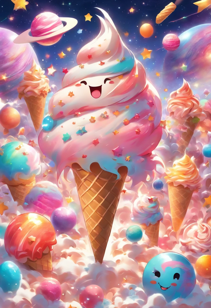 Create a joyful and vibrant digital art illustration background that includes playful elements like colorful planets, smiling stars, and floating ice cream cones. sense of wonder and happiness. This artwork will be perfect for a sticker that spreads joy and positivity