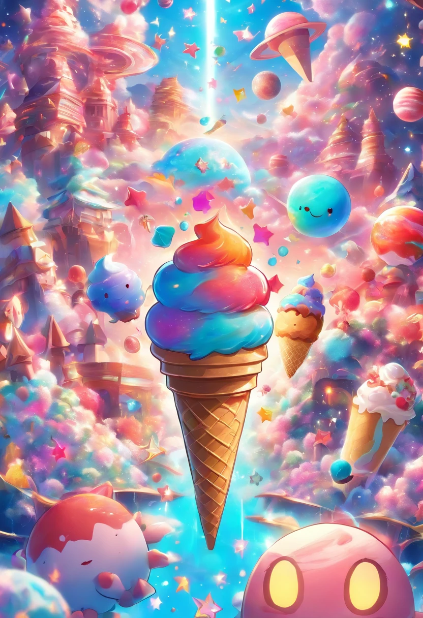 Create a joyful and vibrant digital art illustration background that includes playful elements like colorful planets, smiling stars, and floating ice cream cones. sense of wonder and happiness. This artwork will be perfect for a sticker that spreads joy and positivity