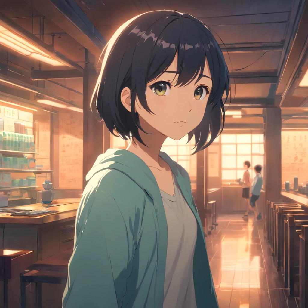Masterpiece, Best quality, cinematic Film still from, 1 adolescent female, frontage， Black hair, room interior，The background of the details， Bright, Dark and eerie environment，A ray of light