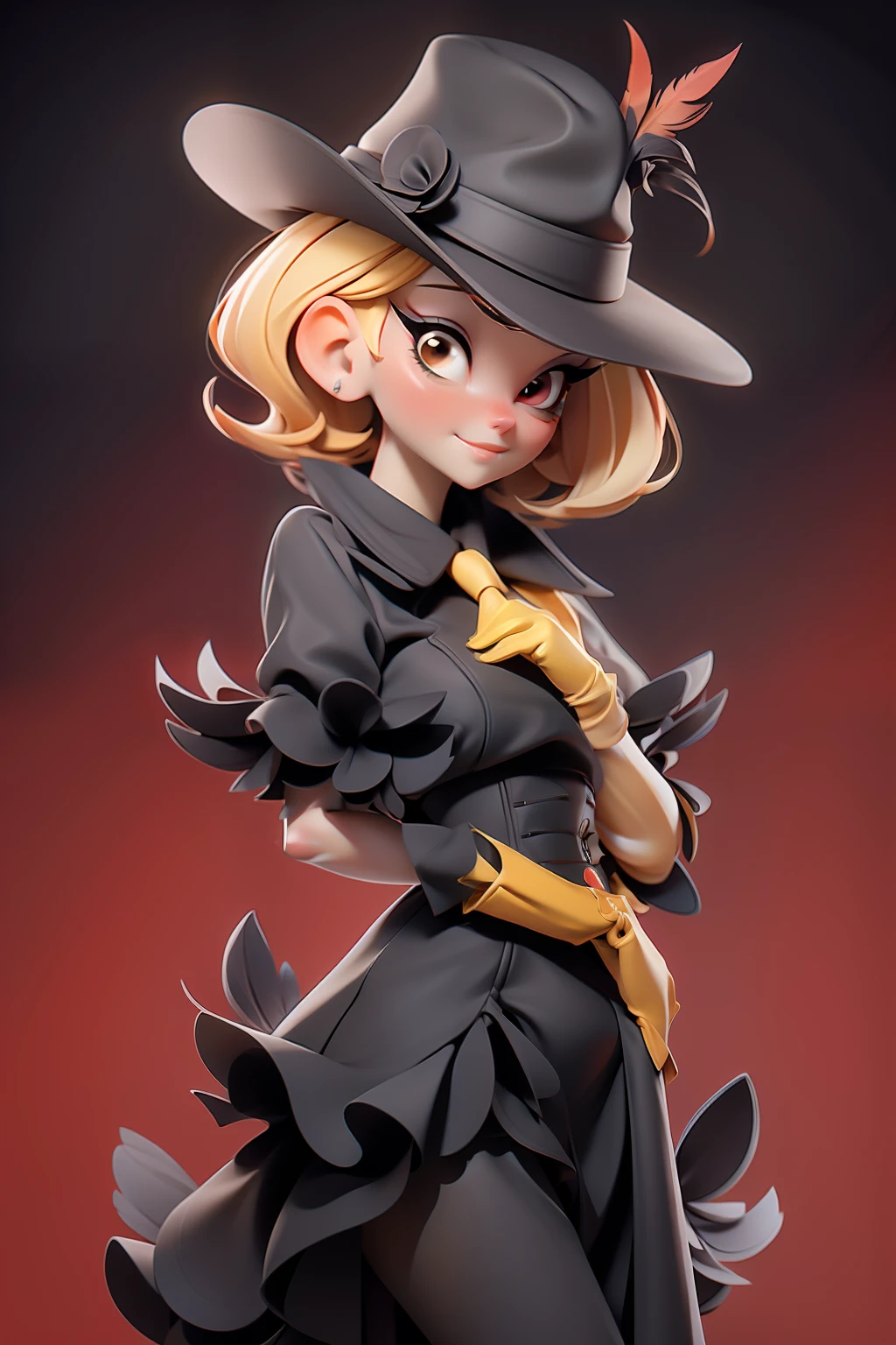 girl with short yellow blond hair,fine tall lady, black gloves, black long red dress(paris style), hat with feathers, red necktie, cute pretty face with wide eye, france background