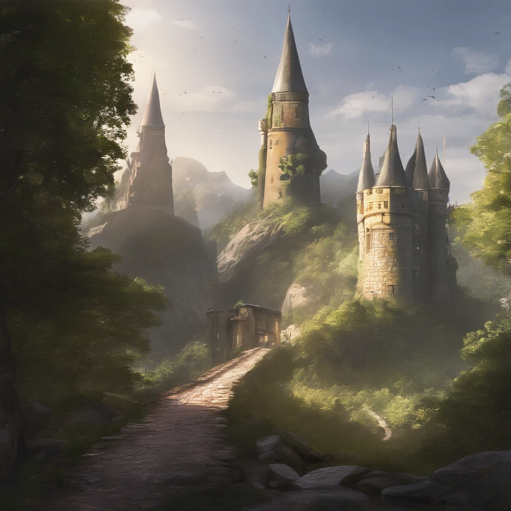 Rubia, Cinematic, Ultra realistic, --w 3840, --h2160, Perspective Photo, Draw more realistically, Walls around, The One Towers, See the tower at the end of the road, Inspired The Lord of the Rings, See the load,