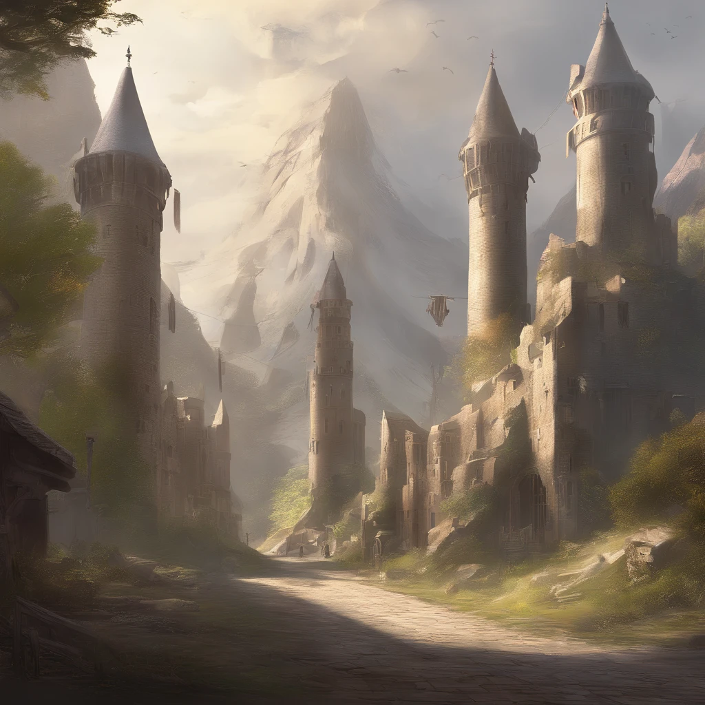 Rubia, Cinematic, Ultra realistic, --w 3840, --h2160, Perspective Photo, Draw more realistically, Walls around, The One Towers, See the tower at the end of the road, Inspired The Lord of the Rings, See the load,