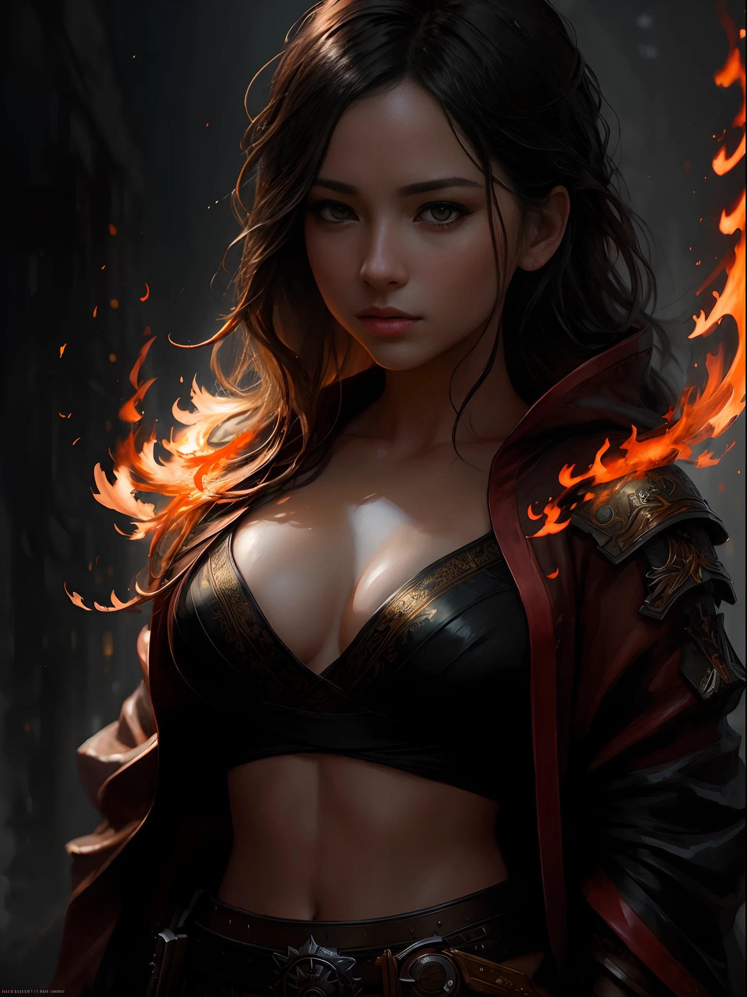 ((flame)), modelshoot style, (extremely detailed CG unity 8k wallpaper), full shot body photo of the most beautiful artwork in the world, beautiful women, professional majestic oil painting by Ed Blinkey, Atey Ghailan, Studio Ghibli, by Jeremy Mann, Greg Manchess, Antonio Moro, trending on ArtStation, trending on CGSociety, Intricate, High Detail, Sharp focus, dramatic, photorealistic painting art by midjourney and greg rutkowski