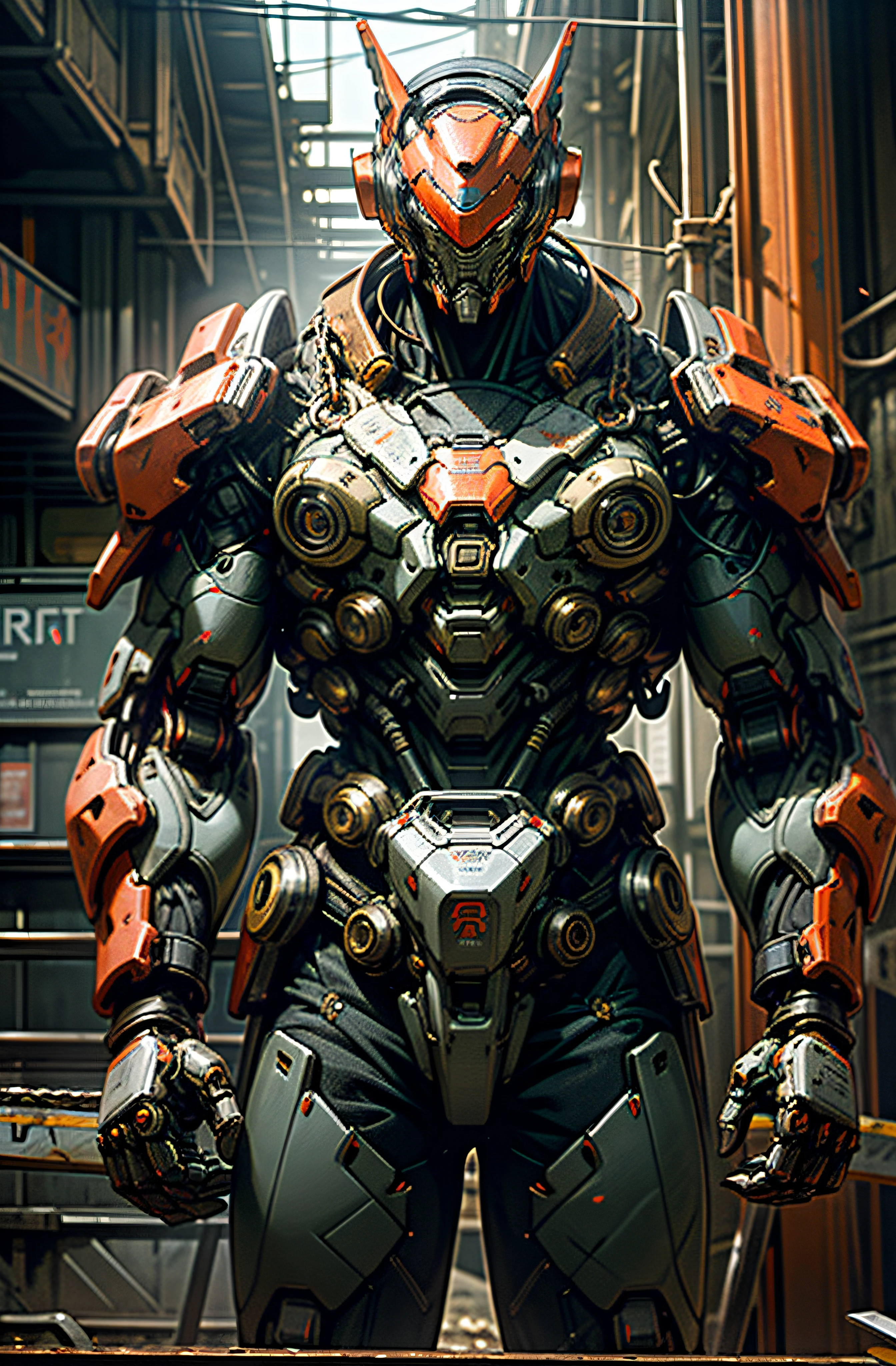 Dark_Fantasy,Cyberpunk,(chain saw,chain saw man,Red:1.1),1man,Mechanical marvel,Robotic presence,Cybernetic guardian, wearing a worn-out mech suit, intricate, (steel metal [rusty]), elegant, clear focus, shot by greg rutkowski, soft lighting, vibrant colors, masterpiece, ((street)), cowboy shot, dynamic pose,
