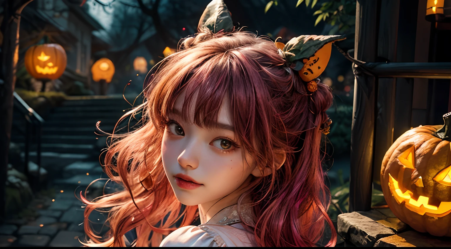 (masterpiece、top-quality、top-quality、Beautifully Aesthetic:1.2)、girl with pink long hair, (((Cute Shining Jack Lantern Head Girl)))、((I can't see the girl's face))、halloween night、highly detailed、colourfull、highestdetailed, centered image, midshot
