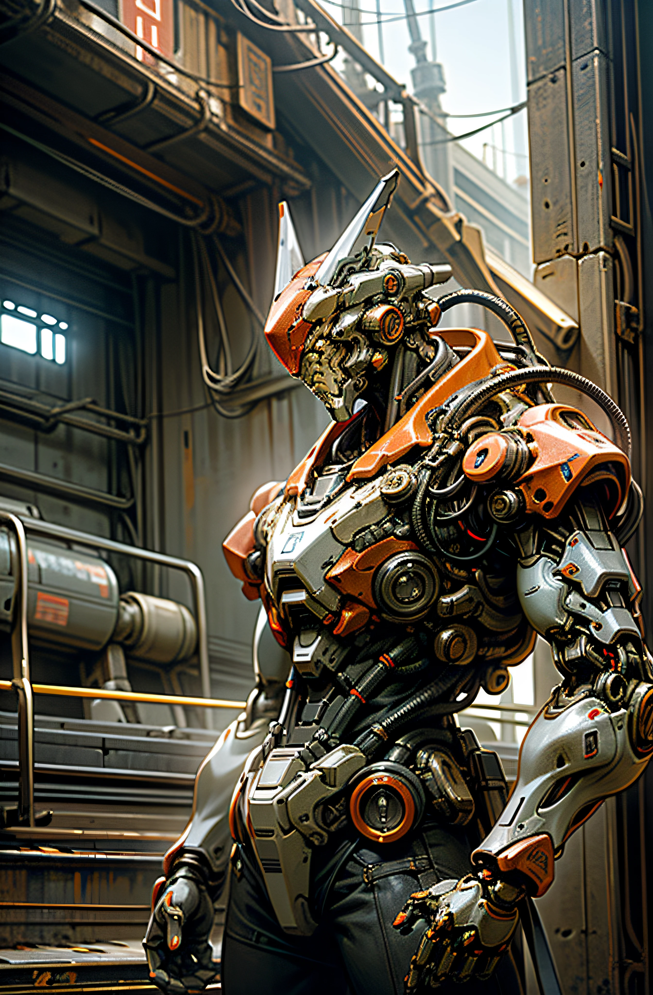 Dark_Fantasy,Cyberpunk,(chain saw,chain saw man,Red:1.1),1man,Mechanical marvel,Robotic presence,Cybernetic guardian, wearing a worn-out mech suit, intricate, (steel metal [rusty]), elegant, clear focus, shot by greg rutkowski, soft lighting, vibrant colors, masterpiece, ((street)), cowboy shot, dynamic pose,