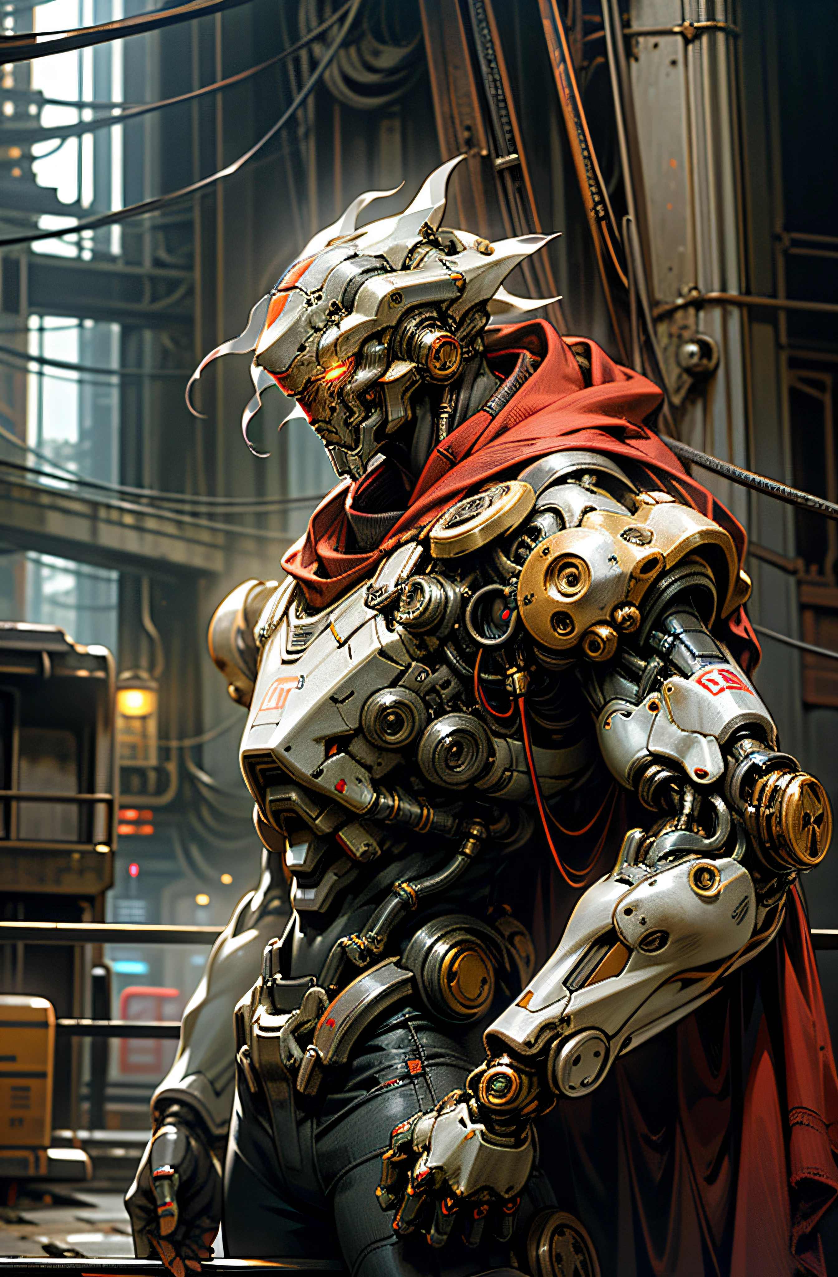 Dark_Fantasy,Cyberpunk,(chain saw,chain saw man,Red:1.1),1man,Mechanical marvel,Robotic presence,Cybernetic guardian, wearing a worn-out mech suit, intricate, (steel metal [rusty]), elegant, clear focus, shot by greg rutkowski, soft lighting, vibrant colors, masterpiece, ((street)), cowboy shot, dynamic pose,