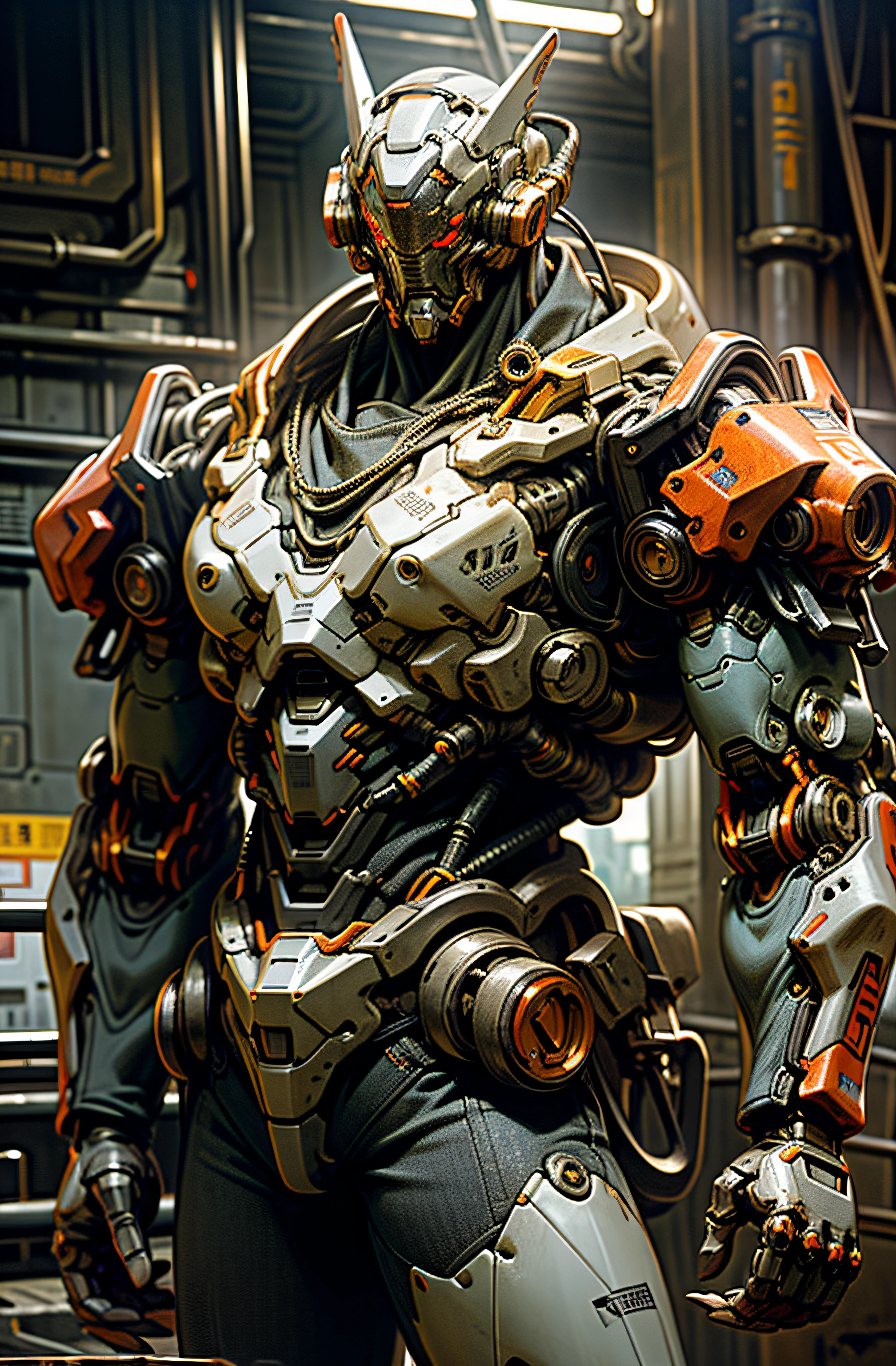 Dark_Fantasy,Cyberpunk,(chain saw,chain saw man,Red:1.1),1man,Mechanical marvel,Robotic presence,Cybernetic guardian, wearing a worn-out mech suit, intricate, (steel metal [rusty]), elegant, clear focus, shot by greg rutkowski, soft lighting, vibrant colors, masterpiece, ((street)), cowboy shot, dynamic pose,