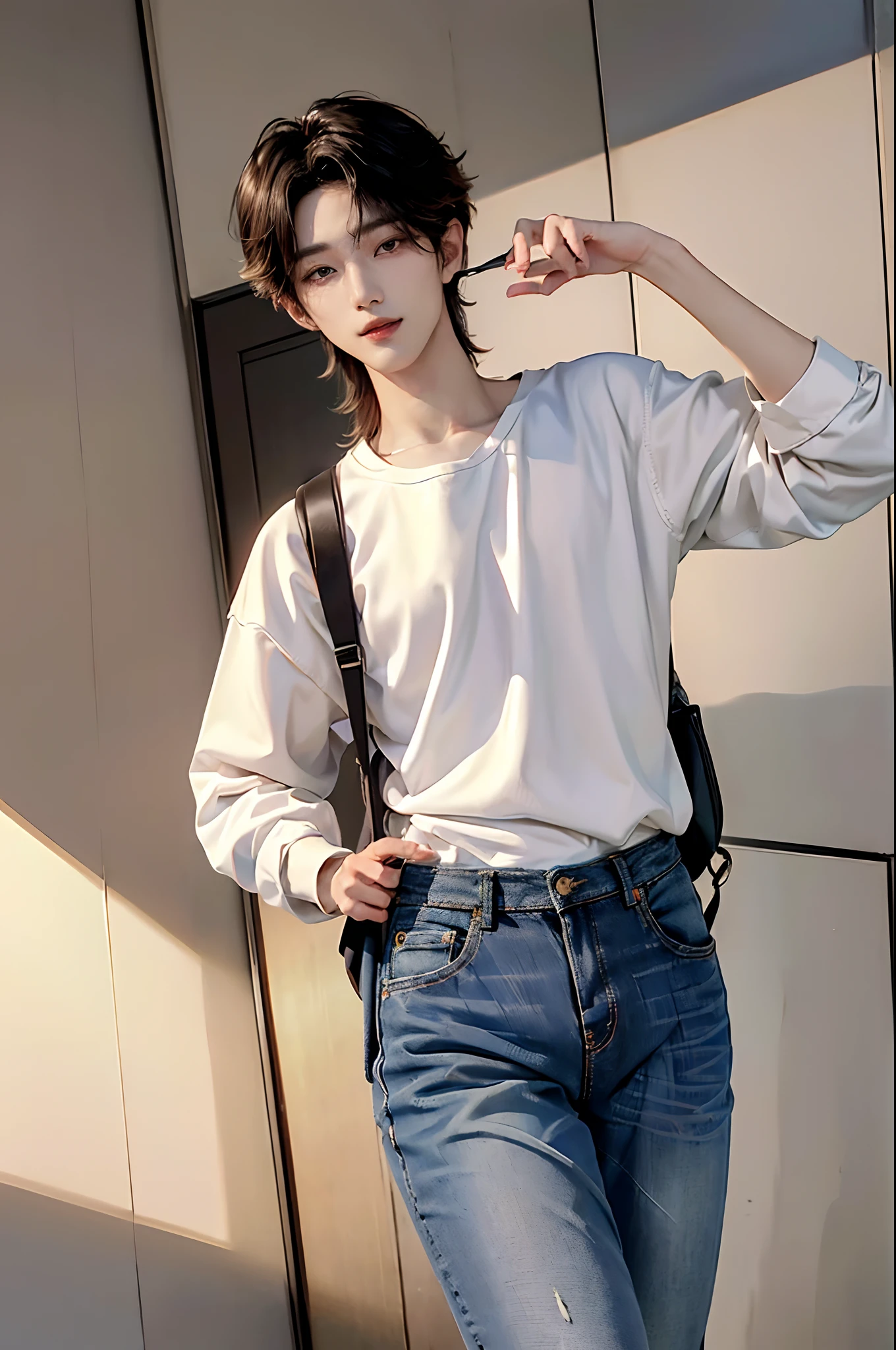 ((4K works))、masterpiece、(top-quality)、((high-level image quality))、((One Manly Boy))、Slim body、((Jeans Fashion))、((Men's Fashion))、((Carry a backpack and passport in hand))、(Detailed beautiful eyes)、At the airport、Face similar to Chaewon in Ruseraphim、((short hair above the ears))、((Smaller face))、((Neutral face))、((Light brown eyes))、((Korean boy))、((18year old))、((Handsome man))、((Smiling expression))、((Korean Makeup))、((elongated and sharp eyes))、((photo of a model))、((Like a celebrity))、Professional Photos、((Shot alone))、((Walking around the airport))、((He's a lot of people々Walking sideways))、((shot from a side angle))、((Wave to viewers and fanservice))