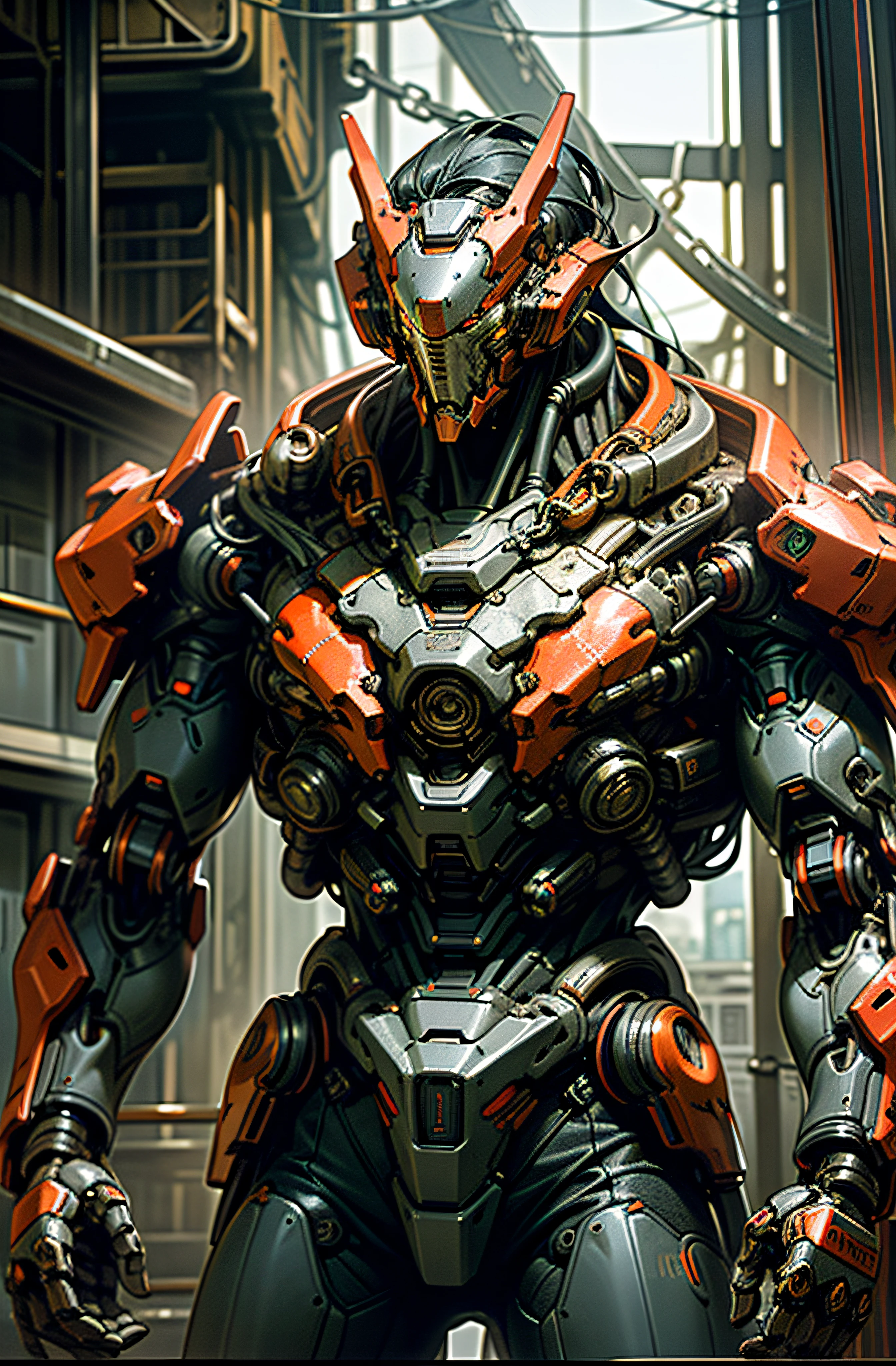 Dark_Fantasy,Cyberpunk,(chain saw,chain saw man,Red:1.1),1man,Mechanical marvel,Robotic presence,Cybernetic guardian, wearing a worn-out mech suit, intricate, (steel metal [rusty]), elegant, clear focus, shot by greg rutkowski, soft lighting, vibrant colors, masterpiece, ((street)), cowboy shot, dynamic pose,