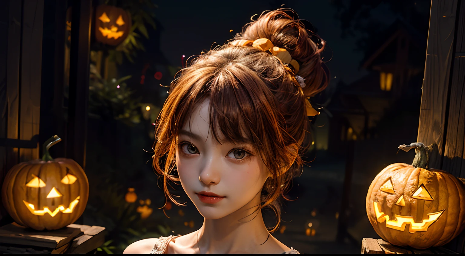 (​masterpiece、top-quality、top-quality、Beautifully Aesthetic:1.2)、girl with orange hair, ponytail, (((Cute Shining Jack Lantern Head Girl)))、((I can't see the girl's face))、halloween night、highly detailed、colourfull、highestdetailed, centered image, midshot