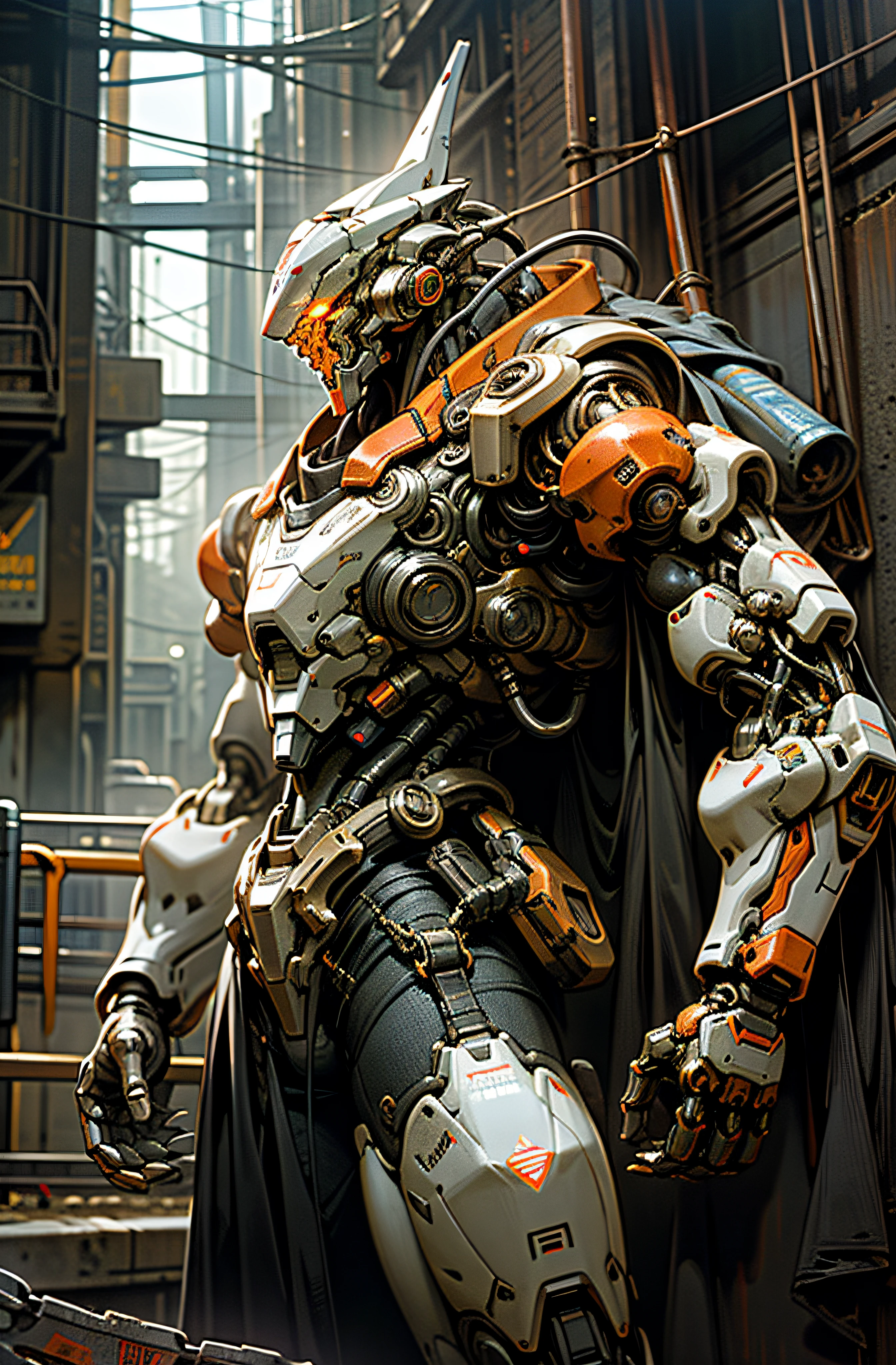 Dark_Fantasy,Cyberpunk,(chain saw,chain saw man,Red:1.1),1man,Mechanical marvel,Robotic presence,Cybernetic guardian, wearing a worn-out mech suit, intricate, (steel metal [rusty]), elegant, clear focus, shot by greg rutkowski, soft lighting, vibrant colors, masterpiece, ((street)), cowboy shot, dynamic pose,