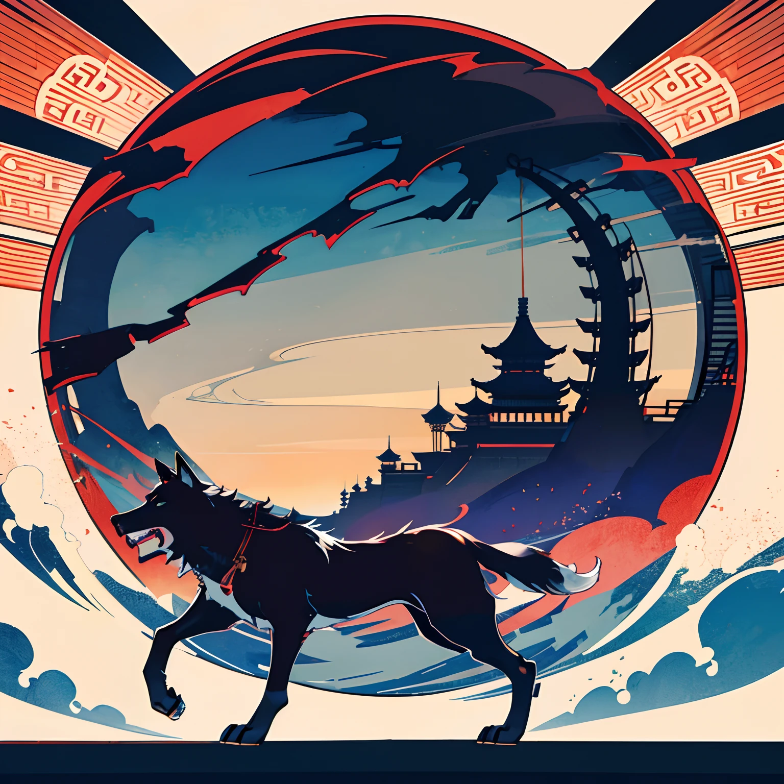 Silhouette of the beast、The silhouette of a wolf is reflected、细致背景、China Street、Chinatown、natta、nigh sky