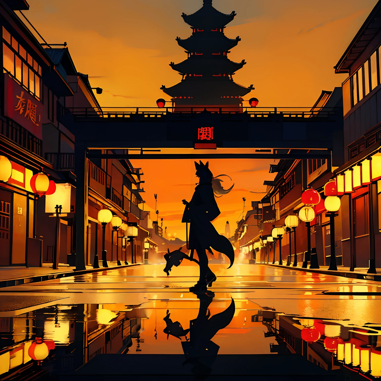 Silhouette of the beast、The silhouette of a wolf is reflected、细致背景、China Street、Chinatown、natta、nigh sky