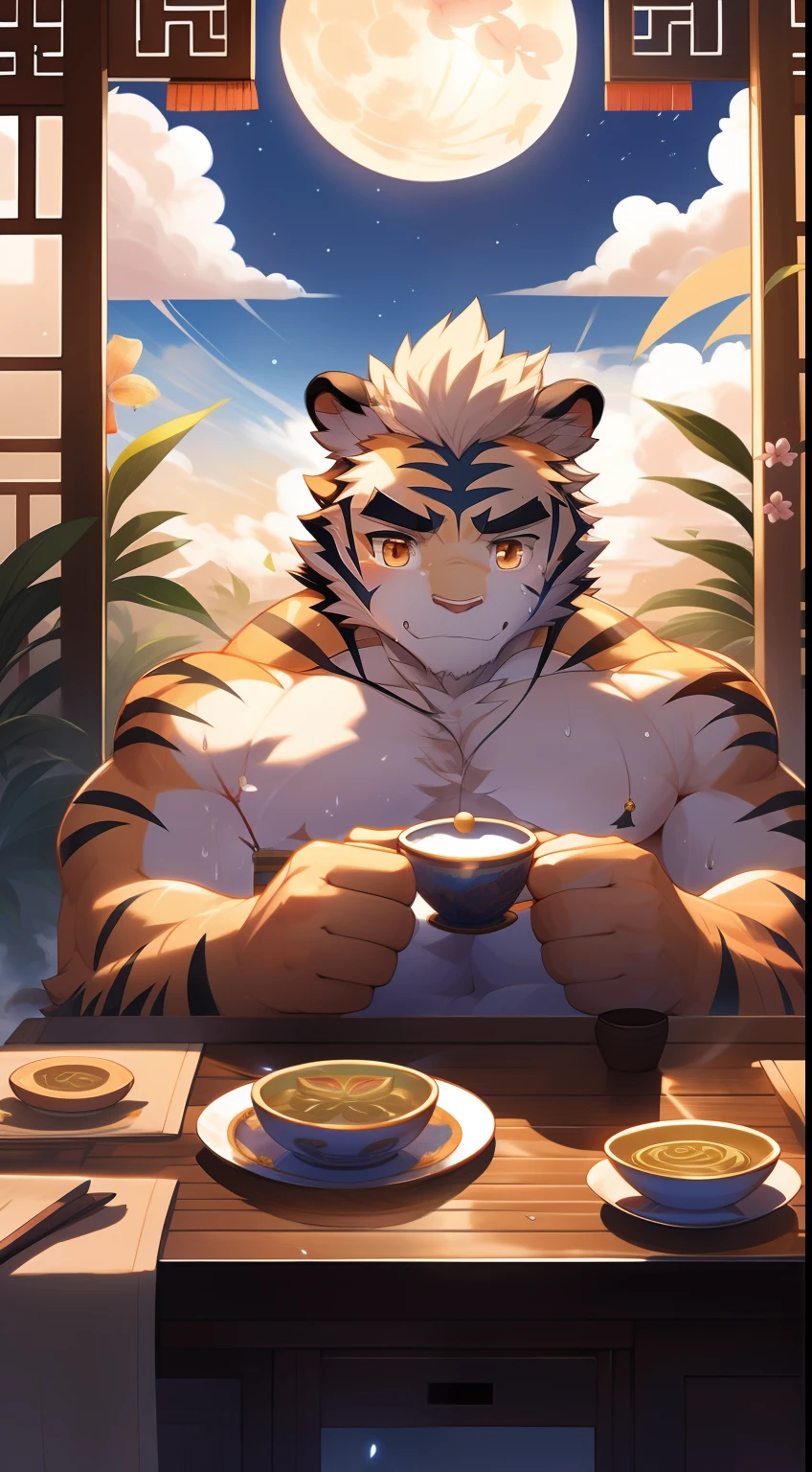 tmasterpiece,the night,anthropomorphic tiger,male people,26 year old,thick bushy eyebrows,Orange-yellow fur,Strong body,large pecs,Bare topless,Pink milk clusters,white fundoshi,medium bulge,Sit at the table,Drinking tea,A plate of mooncakes,A cup of green tea,sweat leggs,Mysterious Expression,Be red in the face,Look at the sky,Golden pupils,Strong,Solo,Half sideways,A huge full moon in the sky,Auspicious clouds,green plant,blossoms,Chinese classical courtyard,paper lanterns,Red candles