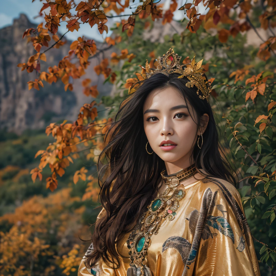 32K（tmasterpiece，k hd，hyper HD，32K）Long flowing black hair，Hermes Orange Park，Girls of love ，Flame protector（realisticlying：1.4），Python pattern robe，Purple-pink tiara，The leaves flutter，The canyon background is pure，Hold your head high，Be proud，The nostrils look at people， A high resolution， the detail，autumnal， RAW photogr， Sharp Re， Nikon D850 Film Stock Photo by Jefferies Lee 4 Kodak Portra 400 Camera F1.6 shots, Rich colors, ultra-realistic vivid textures, Dramatic lighting, Unreal Engine Art Station Trend, cinestir 800，Hold your head high，Be proud，The nostrils look at people