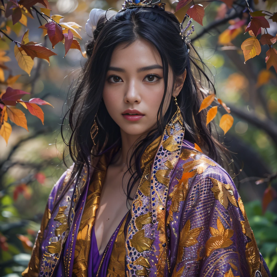 32K（tmasterpiece，k hd，hyper HD，32K）Long flowing black hair，Hermes Orange Park，Girls of love ，Flame protector（realisticlying：1.4），Python pattern robe，Purple-pink tiara，The leaves flutter，The canyon background is pure，Hold your head high，Be proud，The nostrils look at people， A high resolution， the detail，autumnal， RAW photogr， Sharp Re， Nikon D850 Film Stock Photo by Jefferies Lee 4 Kodak Portra 400 Camera F1.6 shots, Rich colors, ultra-realistic vivid textures, Dramatic lighting, Unreal Engine Art Station Trend, cinestir 800，Hold your head high，Be proud，The nostrils look at people