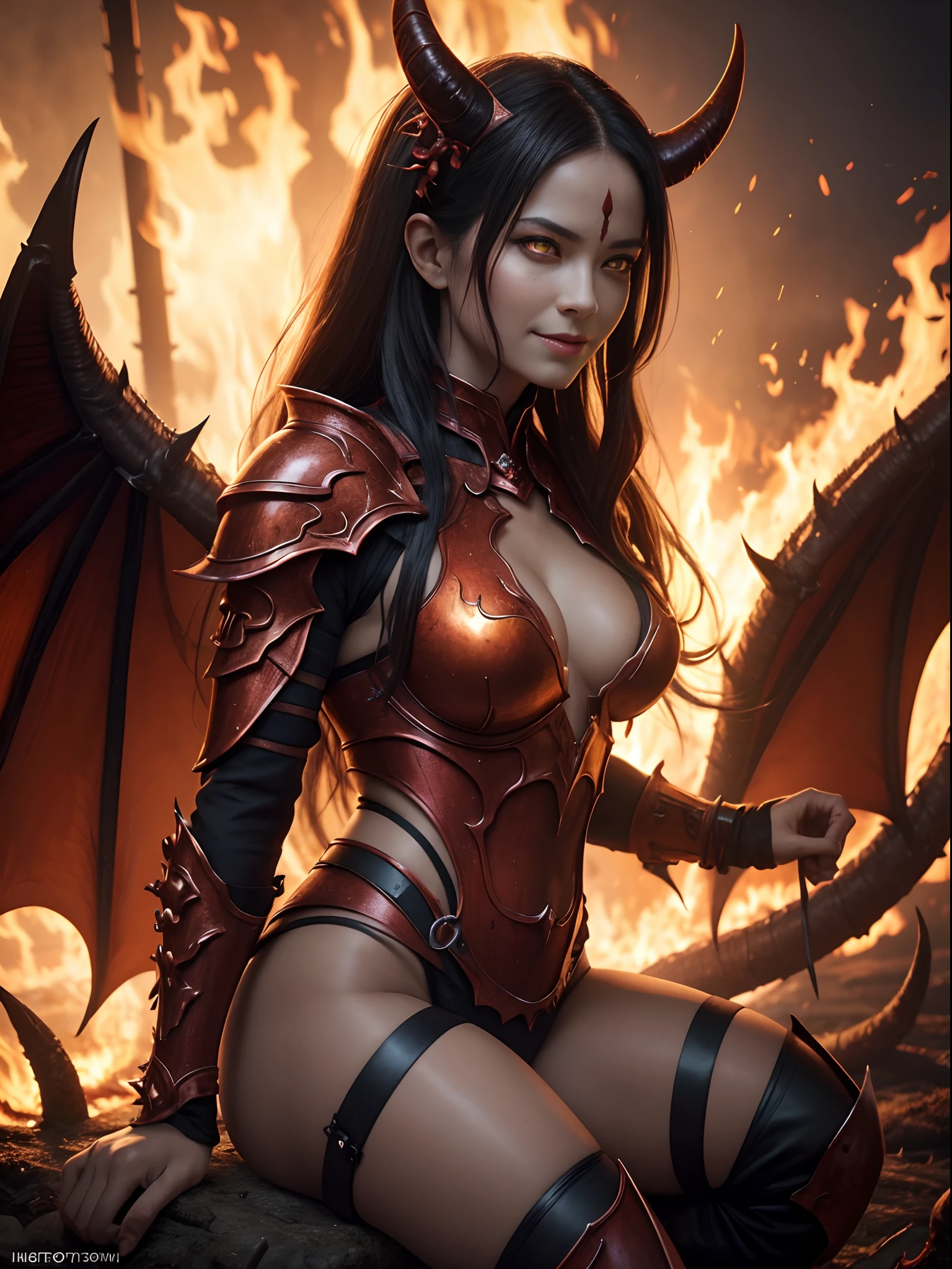 Beautiful mature female demon, horns, tail, cruel smile, red skin, sexy fetish armor, wreathed in fire, (fiery eyes:1.2), temptation, taking your soul, hellscape background, tortured souls, hordes of hell in the distance, (masterpiece), (photorealistic:1.4), RAW photo, best quality, high res, rich colors, backlight, bright sunlight, cinematic lighting, film grain, raw photo, 50mm lens, Nikon D850, warm colors