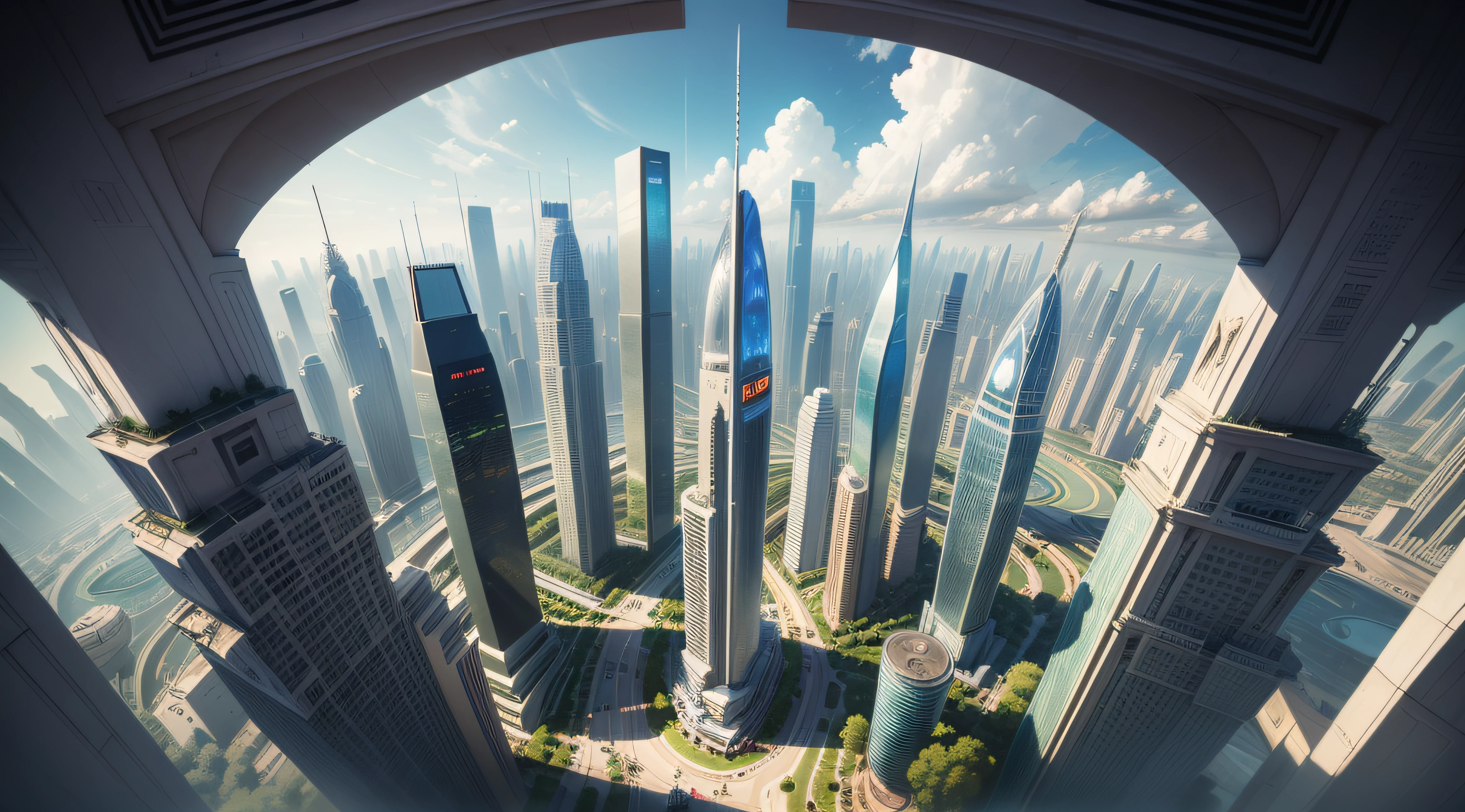 (top-quality,tmasterpiece,超A high resolution８K),(cyber punk perssonage,Cidade futuristica),(Dream, sfv),(epcot),(skyscrapper),{Chinese-style architecture blends with skyscrapers}