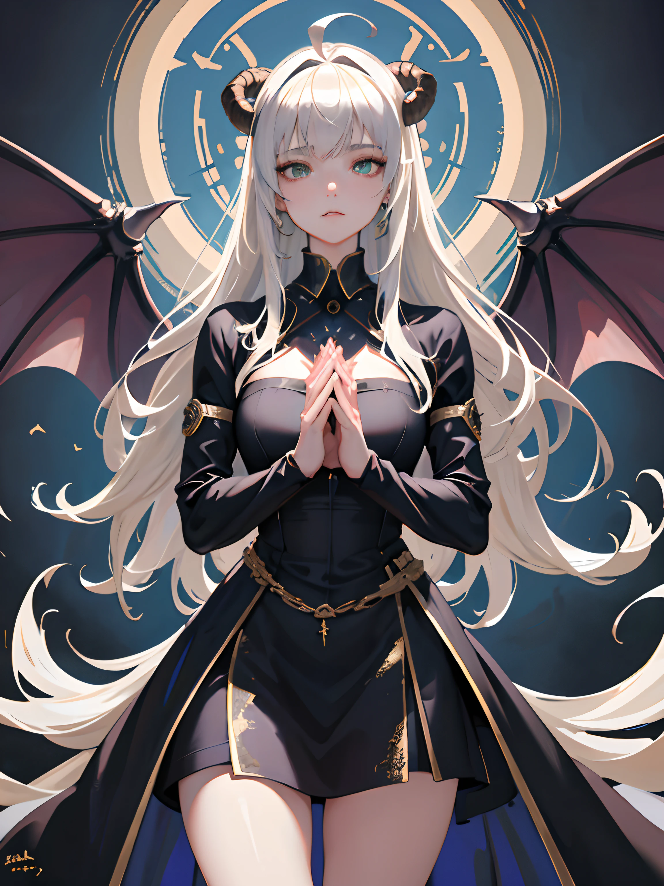 ((masterpiece, best quality)), (1girl), (solo), (female focus), (ahoge, ash blonde hair, long hair), green eyes, arms behind back, bat wings on the waist, sheep horns, sad eyes, cold facial expression, cold look, dark long tight clothes, pale skin, colour grading, dark illustration, extreme quality, radiant, extremely detailed, ultra-detailed face, ultra hd 8k, ultra digitality, mythical, dark lightning, perfect face, beautiful, (perfect composition: 1. 4), detailed face and body, award-winning photography , fields, detailed face, detailed hands, looking at the viewer, cinematic lighting, embers, fantasy background, water splashes, foggy haze, (holy maiden), (saint), faux traditional media, (masterpiece, best quality, ultra-detailed, best shadow), (detailed background, cowboy shot, standing, hands together, praying, expressionless, crowd, medieval, spain, Valencia, aura), (beautiful detailed face, feminine features), (best illumination), ((cinematic light)), colorful, hyper detail, dramatic light, intricate details, (silver and gold robes, goddess )