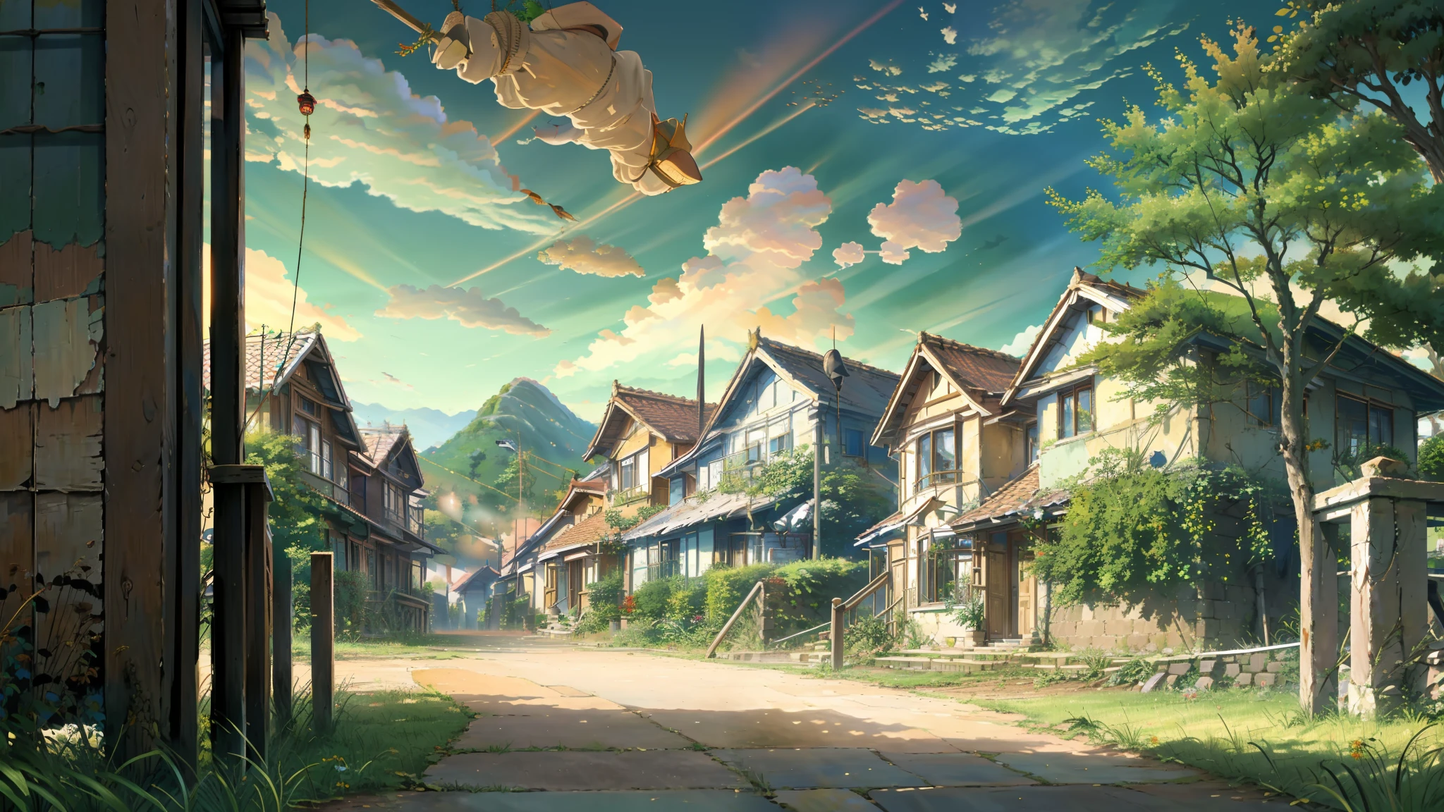 (masterpiece, best quality:1.1), no humans, building, house, grass, stairs, window, tree, sky, cloud, sunlight, sunbeam, village, town, road, lantern, rope, paper, hanging