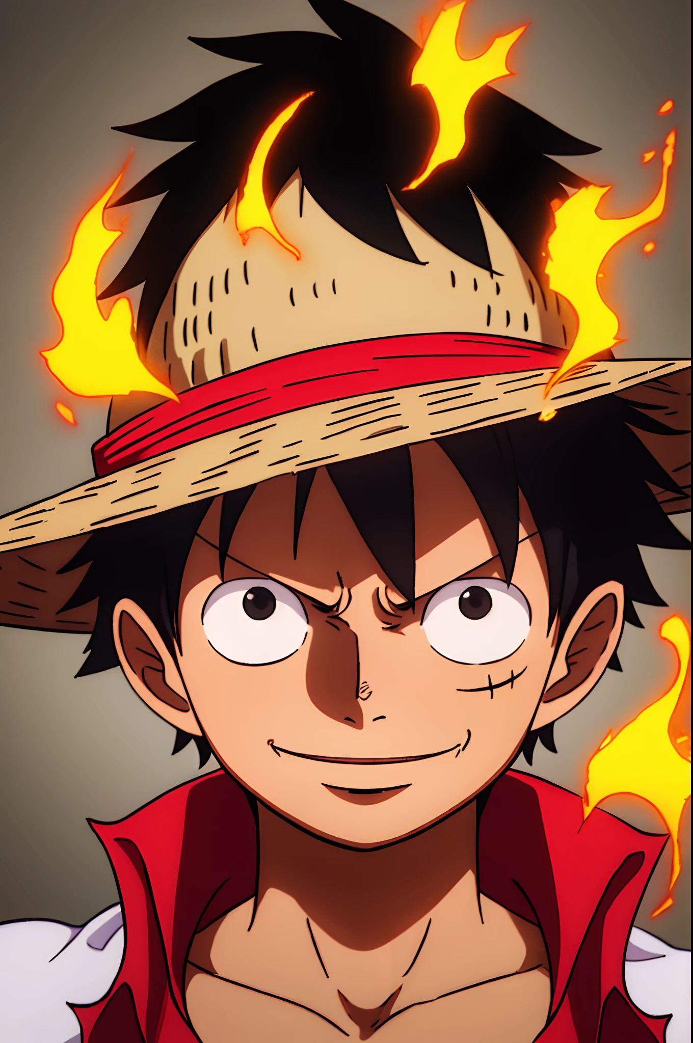 1boy, wanostyle, monkey d luffy, smiling, straw hat, looking at viewer, solo, upper body, ((masterpiece)), (best quality), (extremely detailed), depth of field, sketch, dark intense shadows, sharp focus, soft lighting, hdr, colorful, good composition, fire all around, spectacular, closed shirt, anime screencap, scar under eye, ready to fight, black eyes