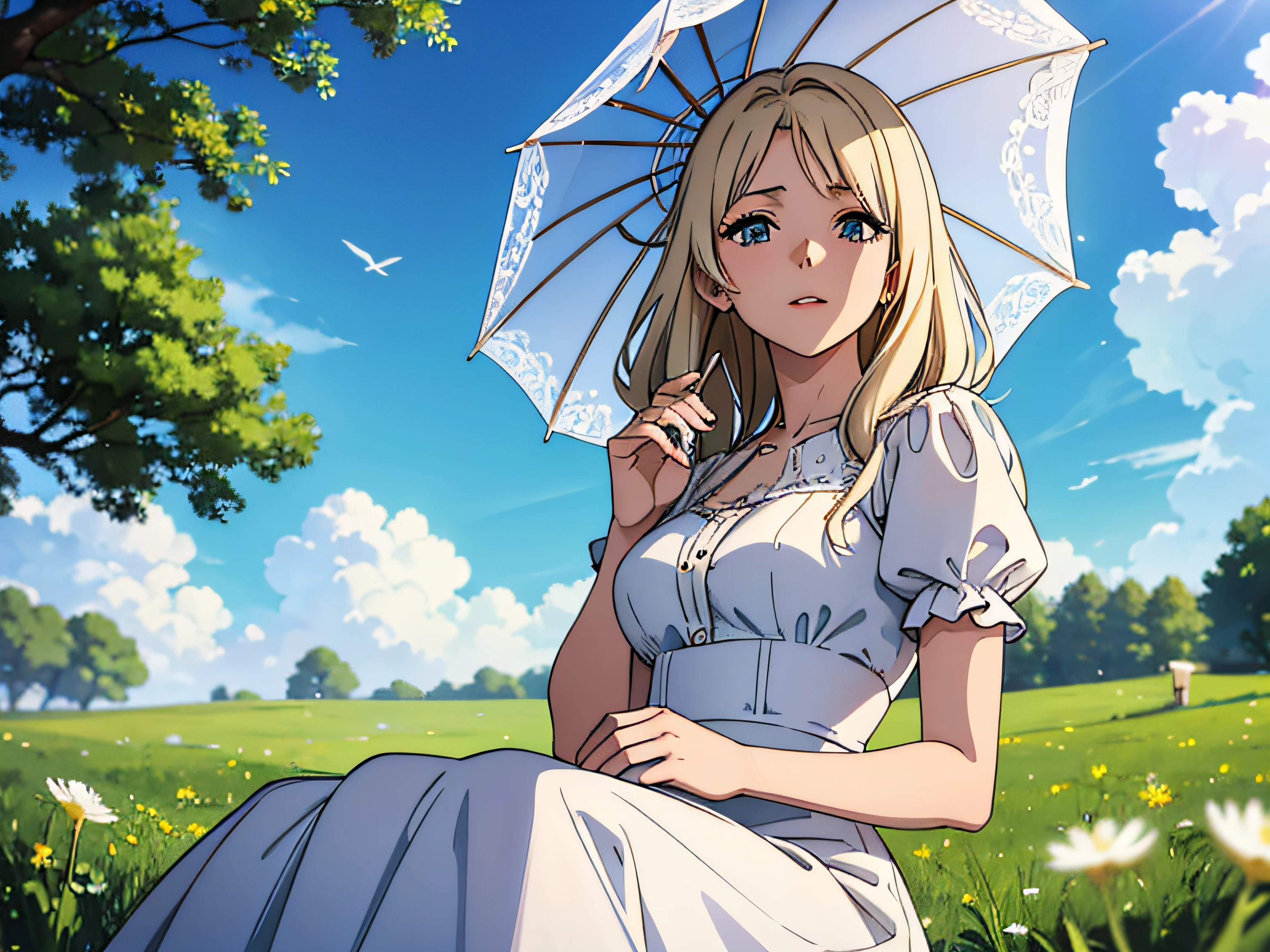 1anime girl sitting in nature at a white table under an umbrella and drinking from a glass, Beautiful girl in close plan, Average Breasts, beautiful hair, Tender Scene, Depth of field, Beautiful trees and flowers in the background, super detaill, detailized face, Detailed hands, Beautiful dress on a girl, super quality, tmasterpiece, blue sky with clouds, Realistic light, rassejanjy world, Flying dandelions in the background