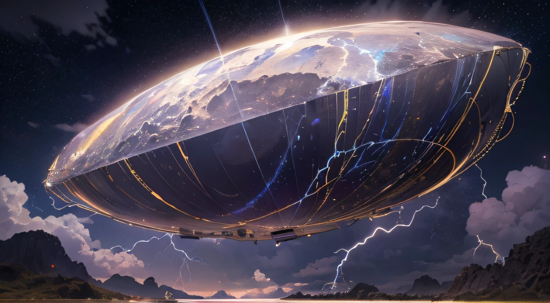 Giant teardrop-shaped crystal cosmic elliptical ship,,Skysky,dark stormy clouds,Sky full of lightning, It will be a thunderstorm,