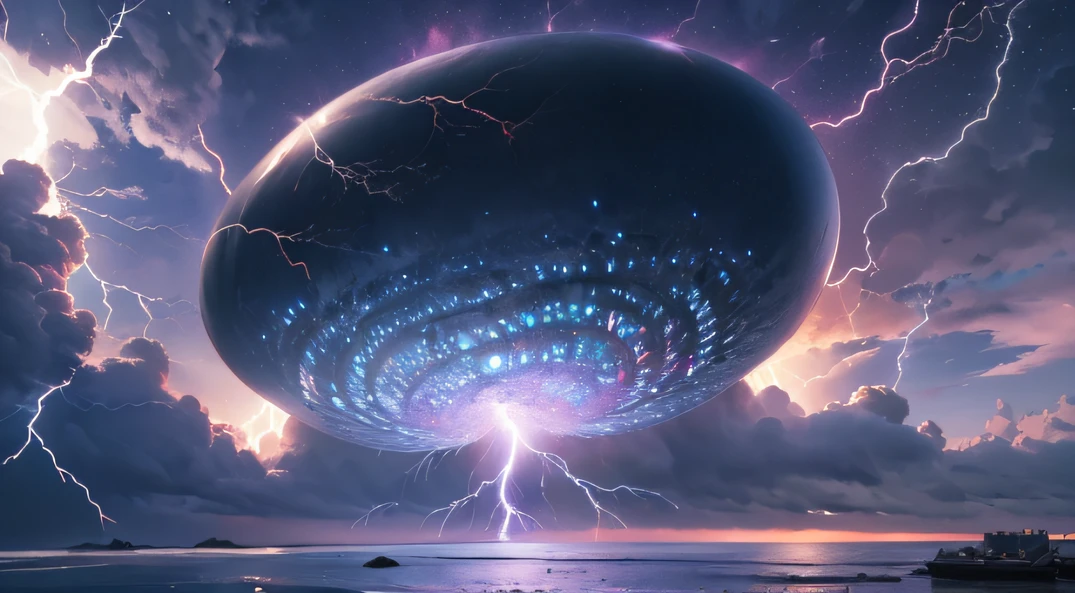Giant teardrop-shaped crystal cosmic elliptical ship,,Skysky,dark stormy clouds,Sky full of lightning, It will be a thunderstorm,