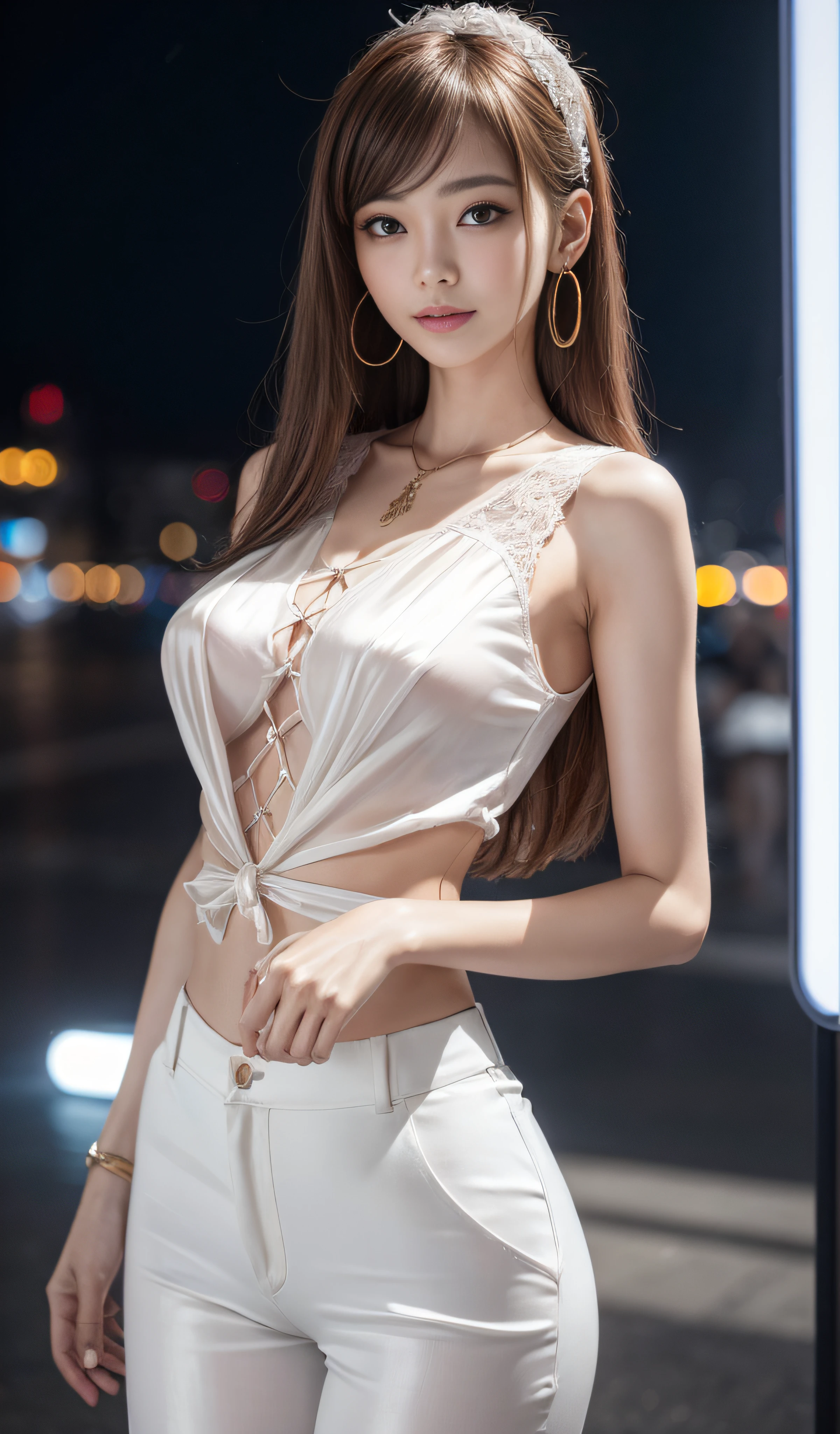 8K, Masterpiece, RAW photo, Best quality, Photorealistic, Extremely detailed CG unifies 8K, 8K, Diamond, and Wallpaper, Depth of field, Cinematic light, Lens flare, Ray tracing, (Extremely beautiful face, Beautiful lips, Beautiful eyes), intricate detail face, ((ultra detailed skin)) 1girll, In the dark, deepshadow, Pretty Korean girl, Kpop idol, 1 girl, (Very slim and slender muscular body:1.3), (huge tit:1.0),Narrow waist、(Wide buttock),S-shaped body,Upturned buttocks,((view the viewer)),(Big smile:1.3), (Fashion night, Dark night, (neon lights sign), (Blurred background), Fashion Street Night),(No one is in the background:1.3), Beautiful earrings, bangle, necklace, Pantyhose, Clear eyes, (Pale skin), (Big eyes), Face forward, ((upperbody shots)),(Tight lace-up blouse), (Pink shirt), (Sleeveless) , ((Silk white trousers:1.3)),(brown hairs),((Skinny silk pants)), ,Narrow waist、(Wide buttock),(big assa),S-shaped body,Upturned buttocks,(view the viewer:1.3) open breast, Very slim, Medium breasts, Turn Back, Back shot, , underwear