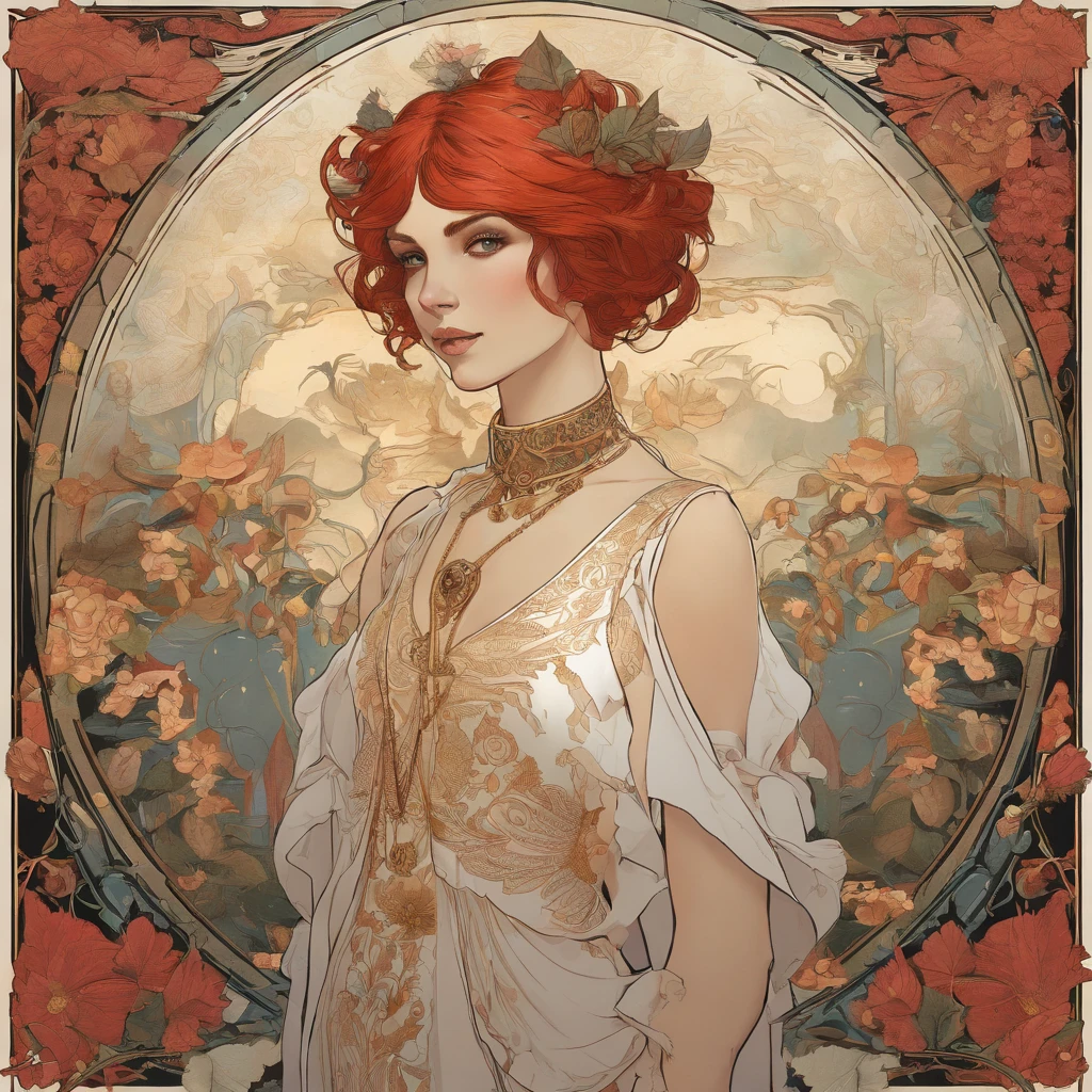 Painting of a red-haired girl with Day of the Dead makeup and a white strawberries print dress, Mucha Klimt et Tom Bagshaw, Craig Mullins Alphonse Mucha, Alphonse Mucha et Craig Mullins, Beeple et Alphonse Mucha, Tom Bagshaw Donato Giancola, Krenzcushart, inspired by James C. Christensen, Beaucoup. art nouveau. Gloomhaven