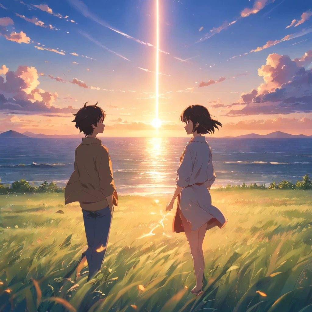 tmasterpiece,best qualtiy,cinematic Film still from,1boys,Libido boy,Sunset clouds,shoun,8K,Floating in the sky,closeup cleavage,brightly,cheerfulness,Warm and soft lighting,evening light,(spark of light:0.7)