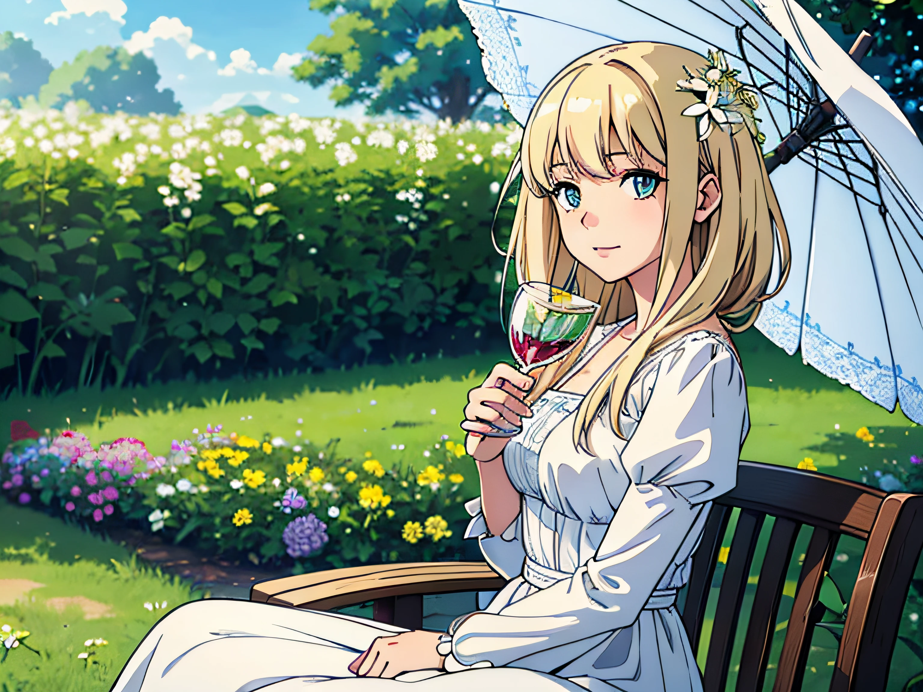 1anime girl sitting in nature at a white table under an umbrella and drinking from a glass, Beautiful girl in close plan, Average Breasts, beautiful hair, Tender Scene, Depth of field, Beautiful trees and flowers in the background, super detaill, detailized face, Detailed hands, Beautiful dress on a girl, super quality, tmasterpiece, blue sky with clouds, Realistic light, rassejanjy world, Flying dandelions in the background