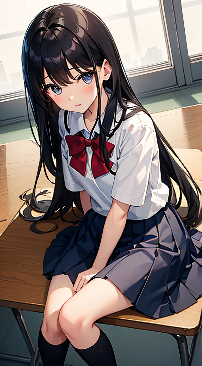 Super delicate cute girl in school uniform with black hair、a junior high school student、8K Ultra High Definition, Delicate texture, Classroom、The long-haired、summer clothing、shortsleeves
