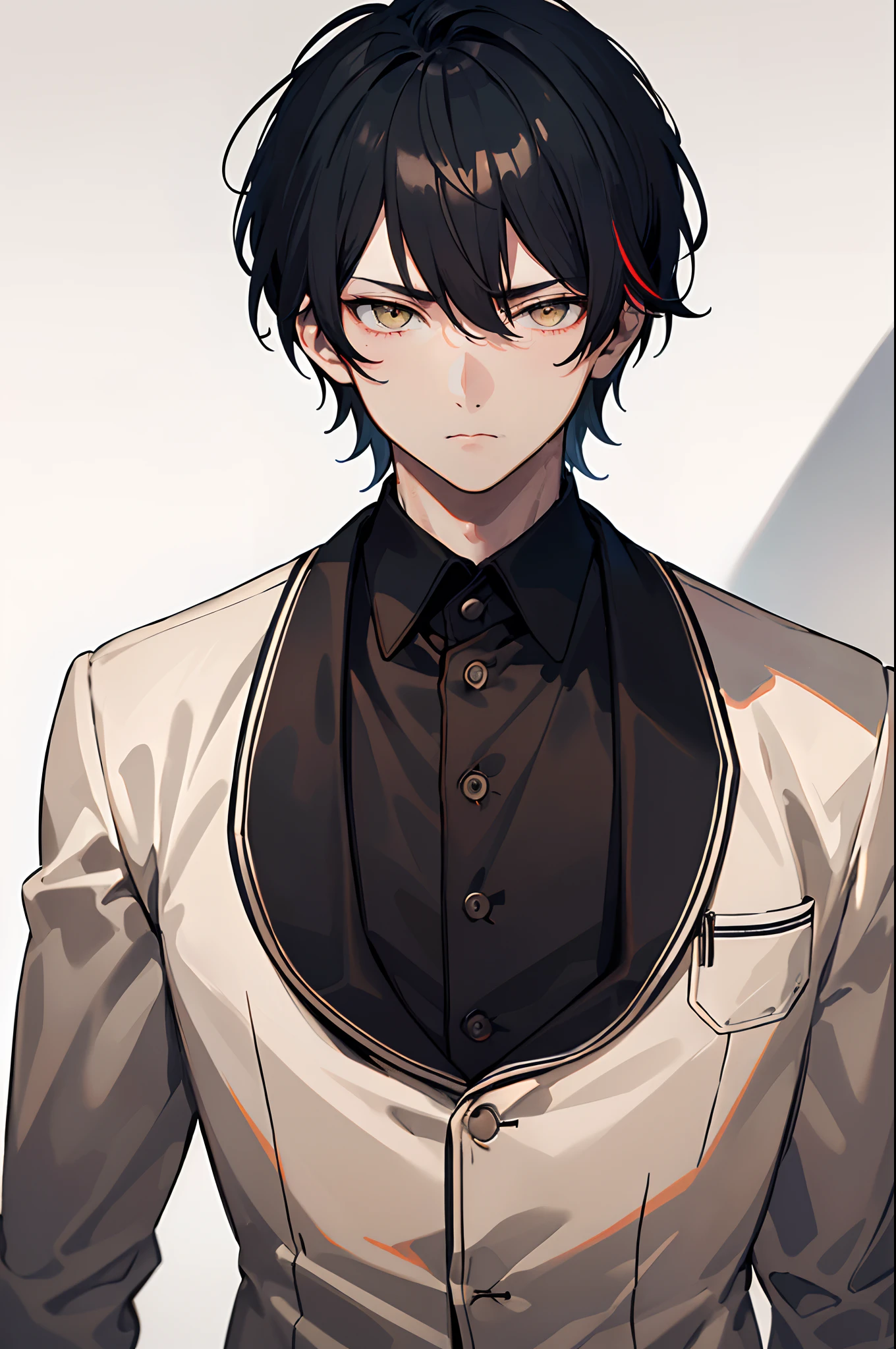 (best quality,ultra-detailed:1.37), 1boy, portrait, artistic, black hair, white eyes, mature male, emotionless stare, tall, muscular, suit, (beige streaks;1.25), sharp focus, vivid colors, studio lighting, looking at viewer, white background, character concept sheet, classy, (short hair:1.12)