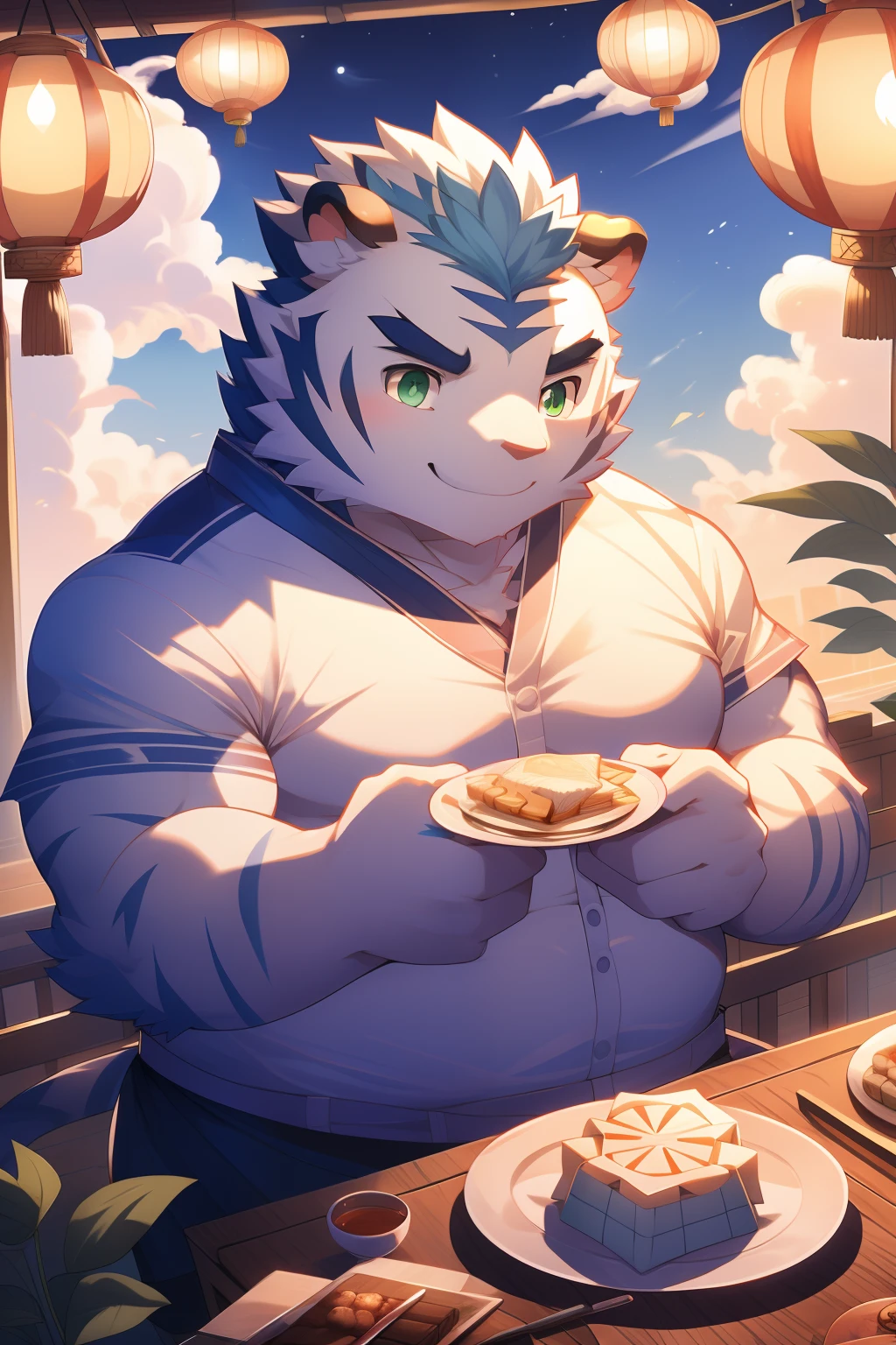 tmasterpiece，the night，Anthropomorphic white tiger，male people，26 year old，Thick eyebrows，Light blue fur，Strong body，large pecs，bare full body，Pink milk clusters，white fundoshi，medium bulge，Sit at the table，Hold a cup of hot tea，A plate of mooncakes on the table，vapour，ssmile，Be red in the face，Look at the sky，Blue-green pupils，Strong，Solo，Lateral face，Full body photo，A huge full moon in the sky，Auspicious clouds，green plant，Chinese classical courtyard，paper lanterns，Red candles