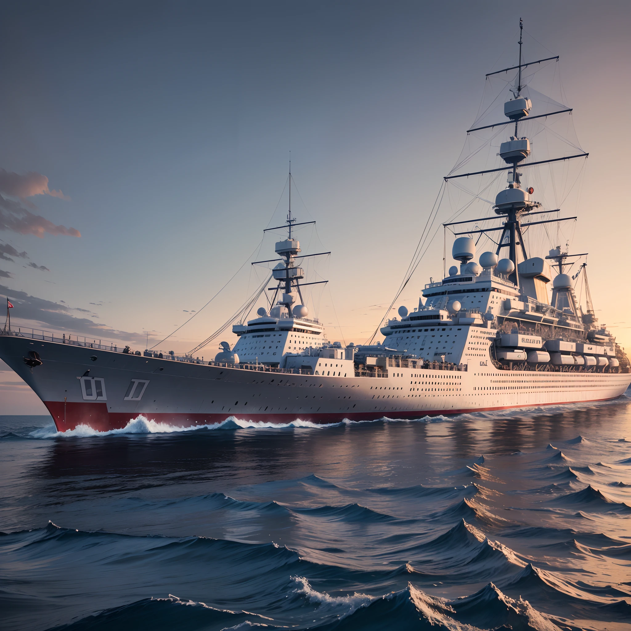 Generate photorealism image of a Russian warship, various angles, with several sailors, on the high seas --auto --s2