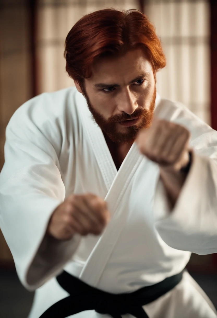 A man whit red medium hair, short beard, he is an martial art sensei
